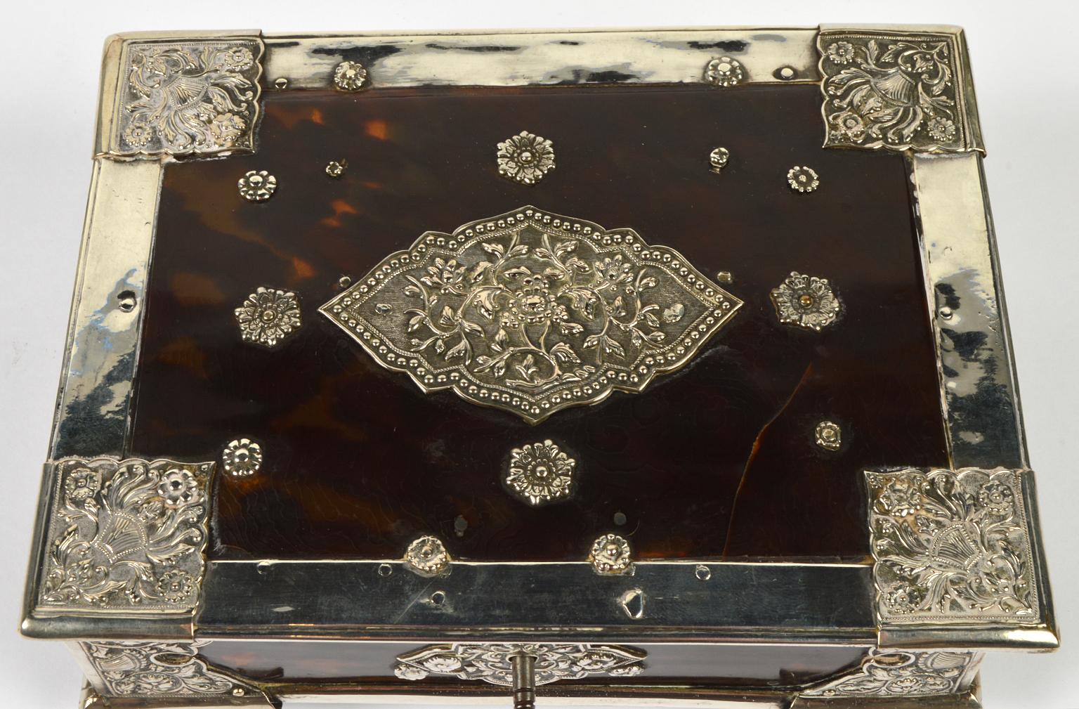 Rare 19th Century Anglo Indian Repousse Silver Mounted Tortoise Shell Box 7