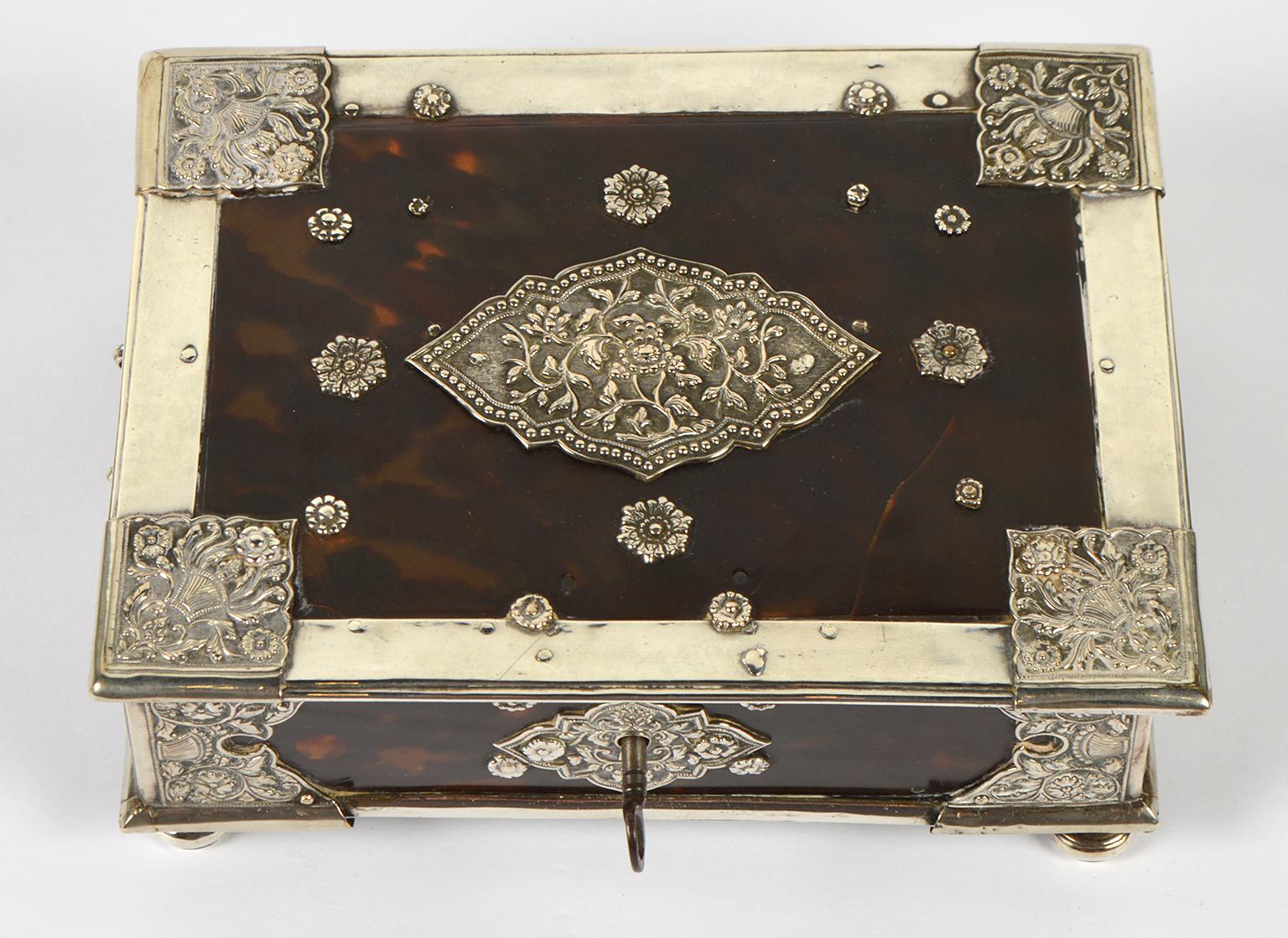 Rare 19th Century Anglo Indian Repousse Silver Mounted Tortoise Shell Box 1