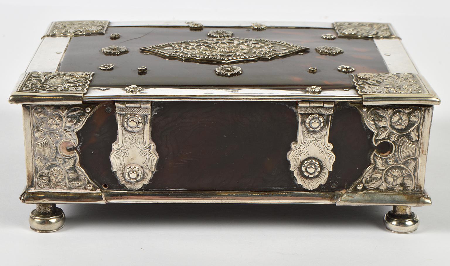 Rare 19th Century Anglo Indian Repousse Silver Mounted Tortoise Shell Box 2