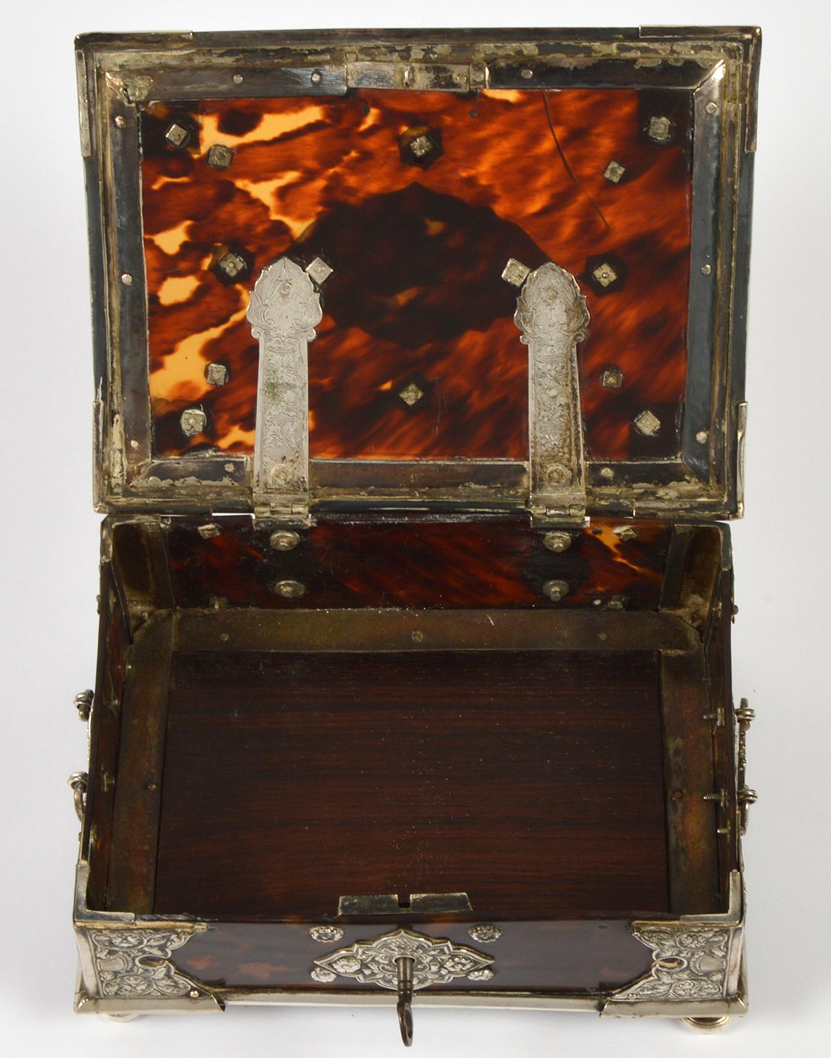 Rare 19th Century Anglo Indian Repousse Silver Mounted Tortoise Shell Box 5