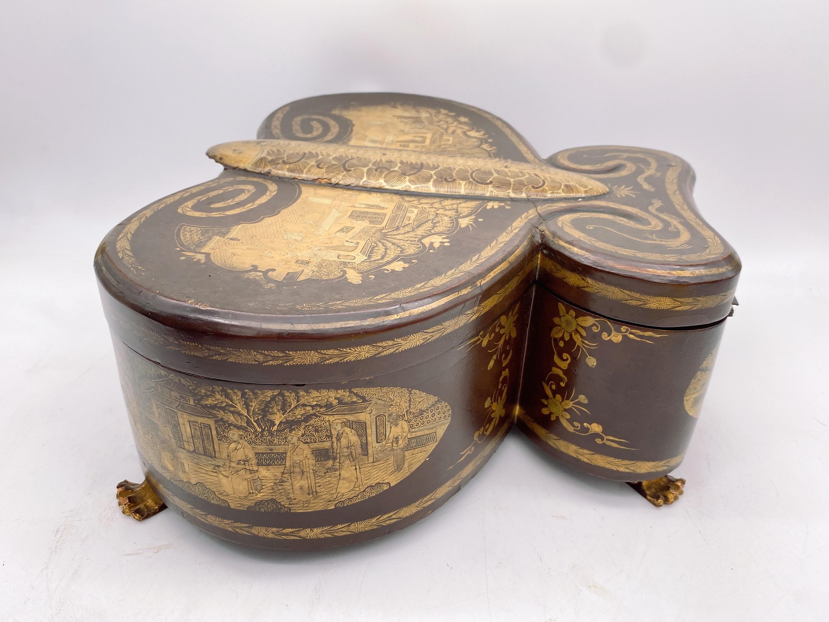 Rare 19th Century Antique Chinese Gilt Lacquer Butterfly Cased Pewter Tea Caddy For Sale 2