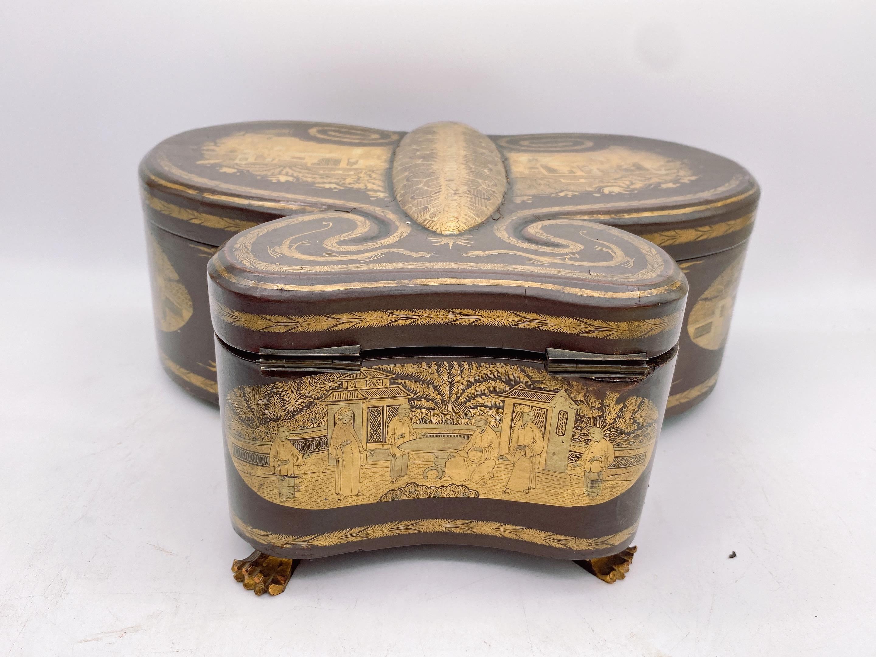 Rara Caja de Té de Peltre con Caja de Mariposa de Laca Dorada China Antigua del Siglo XIX en venta 2