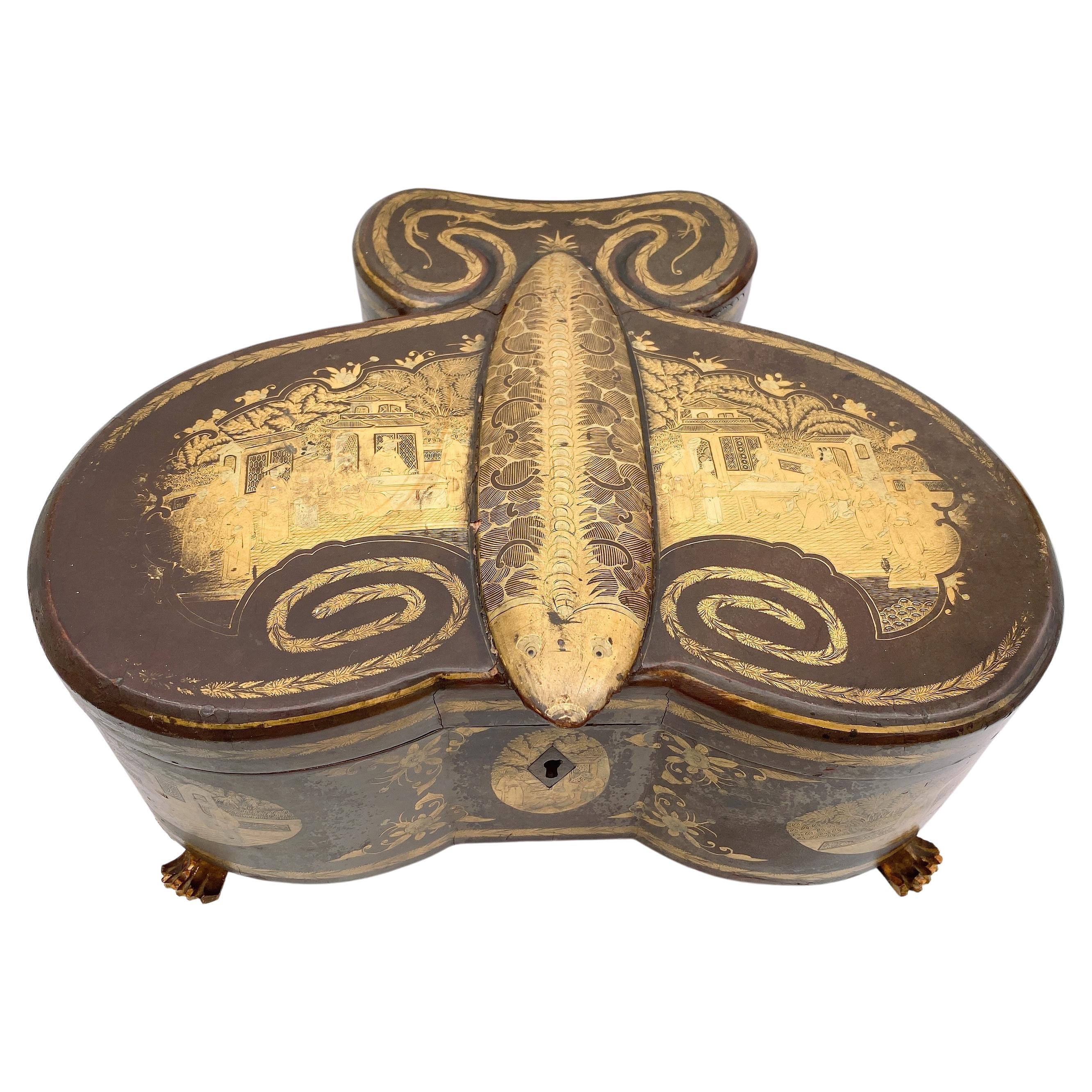 Rare 19th Century Antique Chinese Gilt Lacquer Butterfly Cased Pewter Tea Caddy For Sale