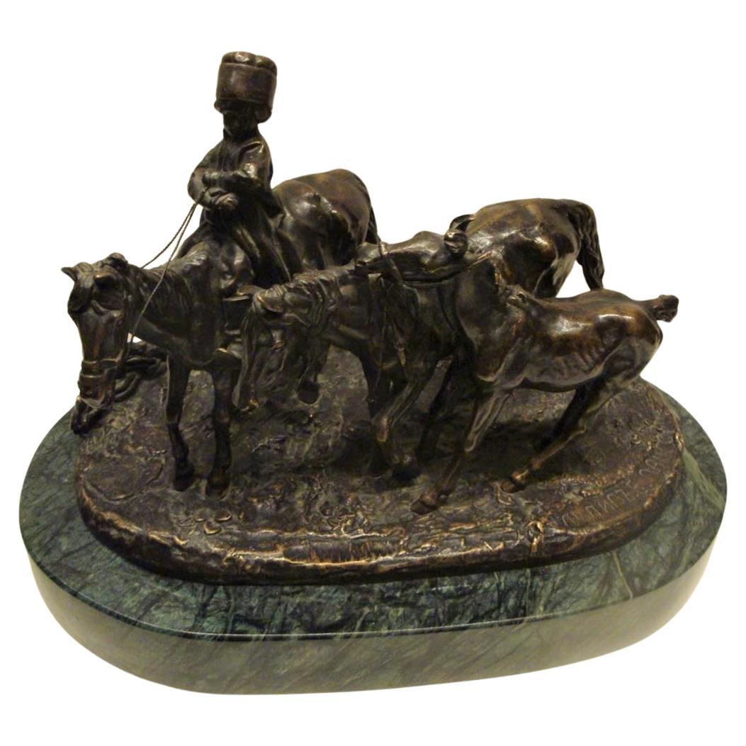 Seltene antike russische Bronze einer Jungenpferdgruppe Evgeni Lanceray aus dem 19. Jahrhundert im Angebot