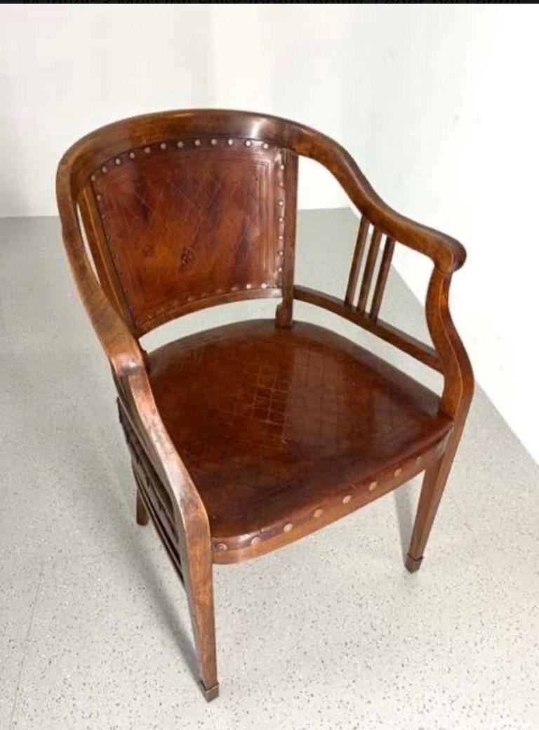 This is an absolutely outstanding rare set of 8 Mahogany leather chairs was hand crafted in Vienna circa at the end of the 19th century and represents the highest quality of craftsmanship and exquisite design of Austrian Art Nouveau. The Chairs are