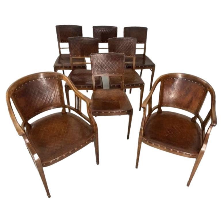 Rare 19th Century Art Nouveau Set of 8 Chairs in Mahogany and Leather, Vienna For Sale