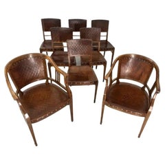 Rare 19th Century Art Nouveau Set of 8 Chairs in Mahogany and Leather, Vienna
