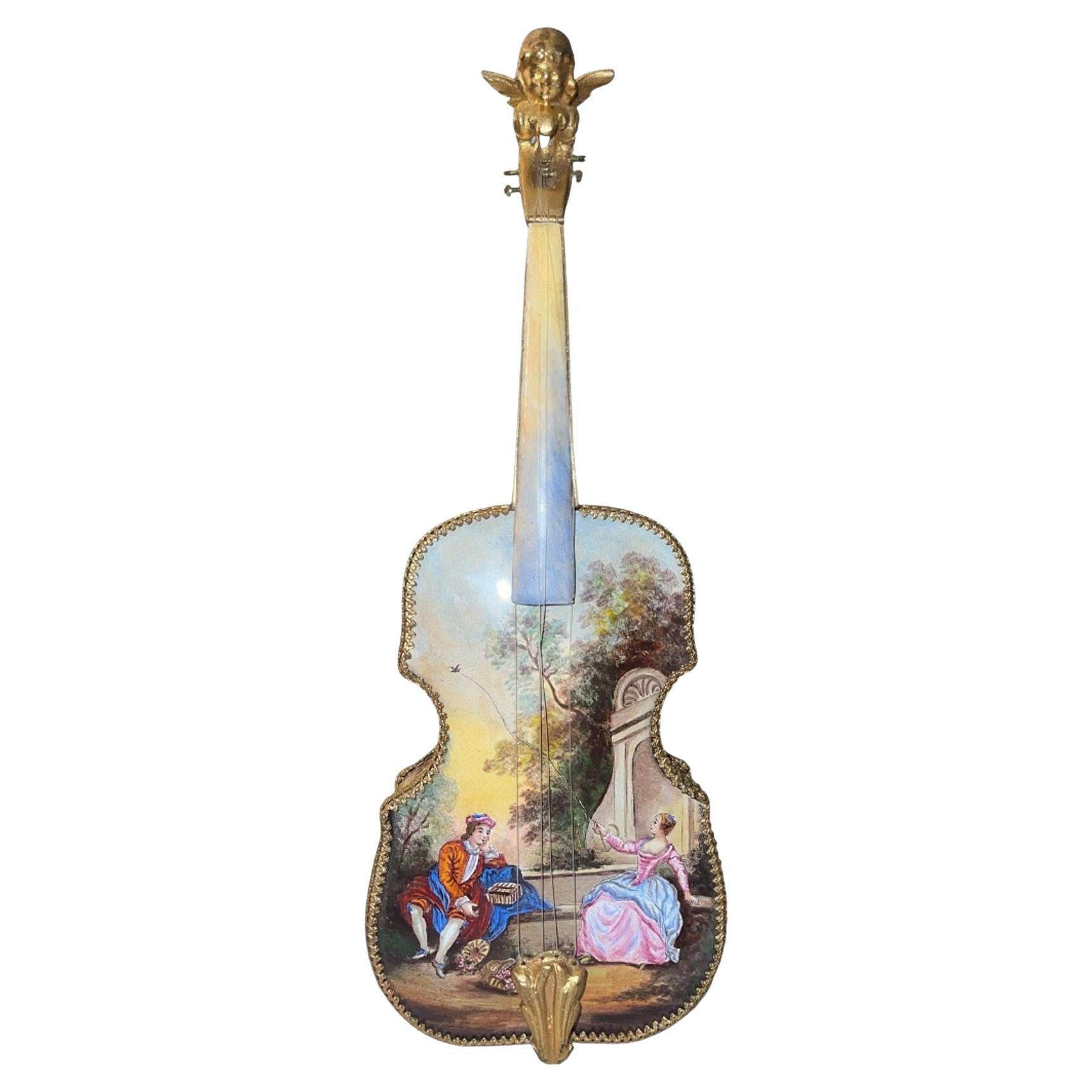 Rare 19th Century Austrian Enameled Violin Music Box For Sale