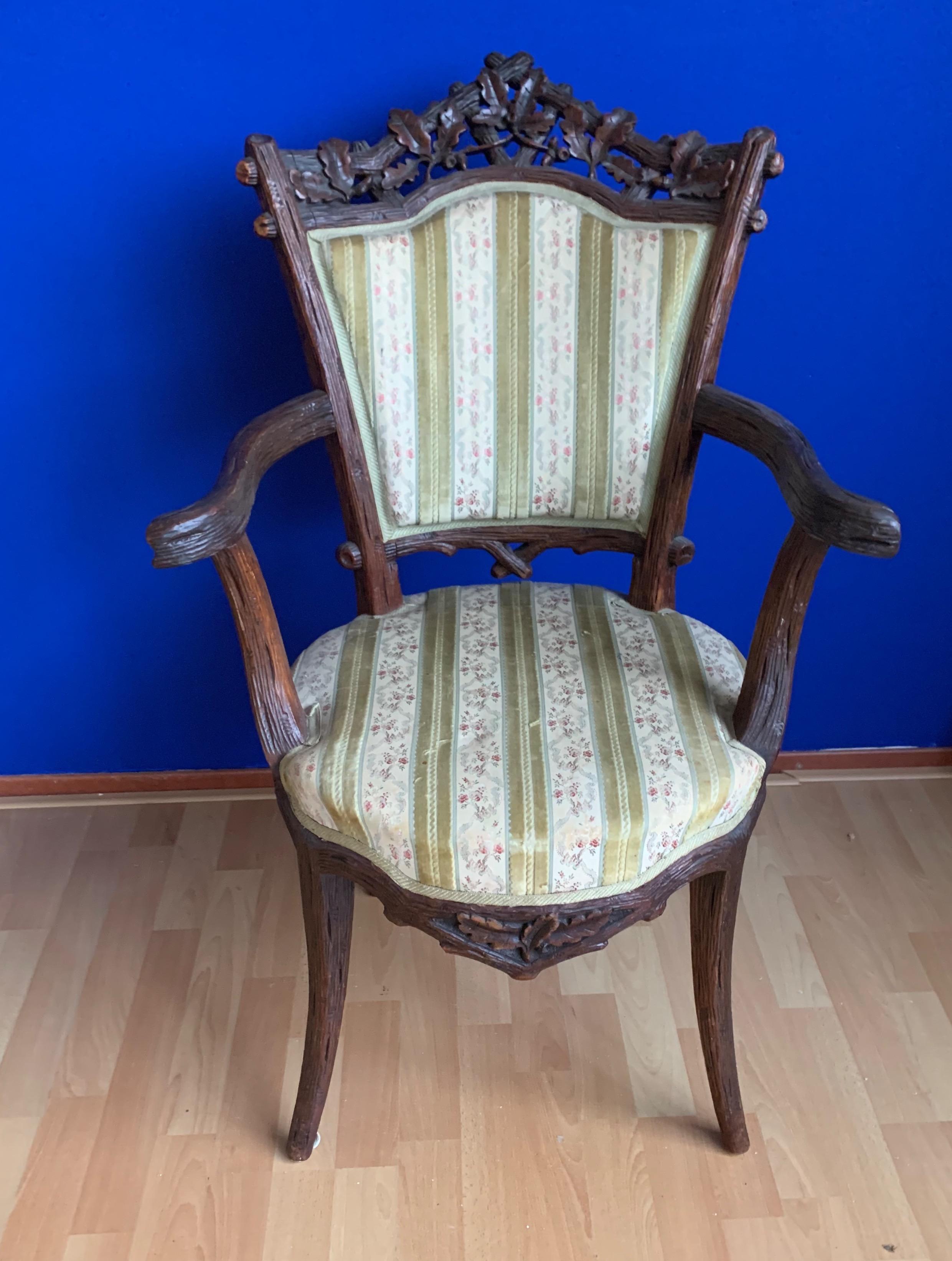 Rare 19th Century Black Forest Walnut Armchair by Horrix with Classy Upholstery For Sale 5