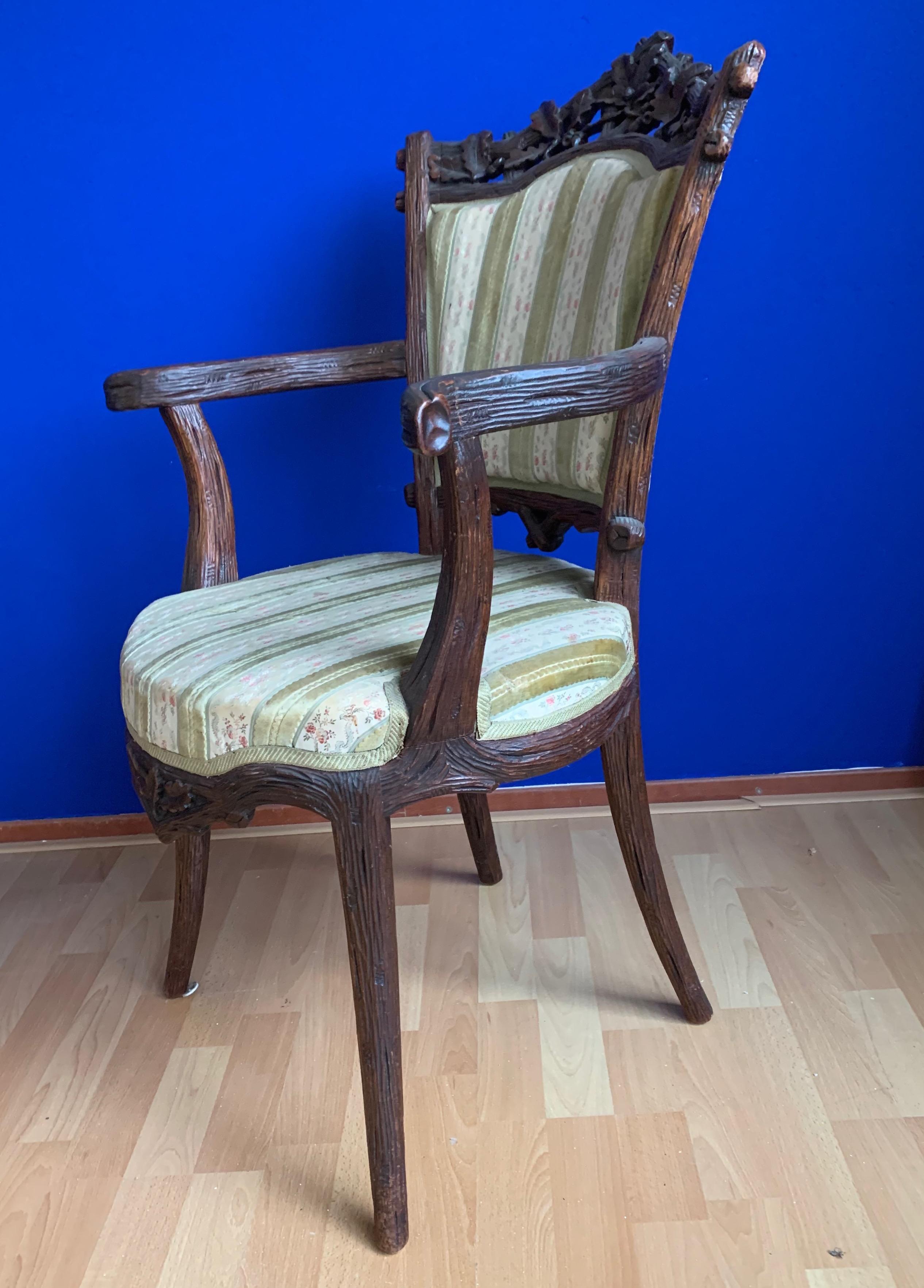 Dutch Rare 19th Century Black Forest Walnut Armchair by Horrix with Classy Upholstery For Sale