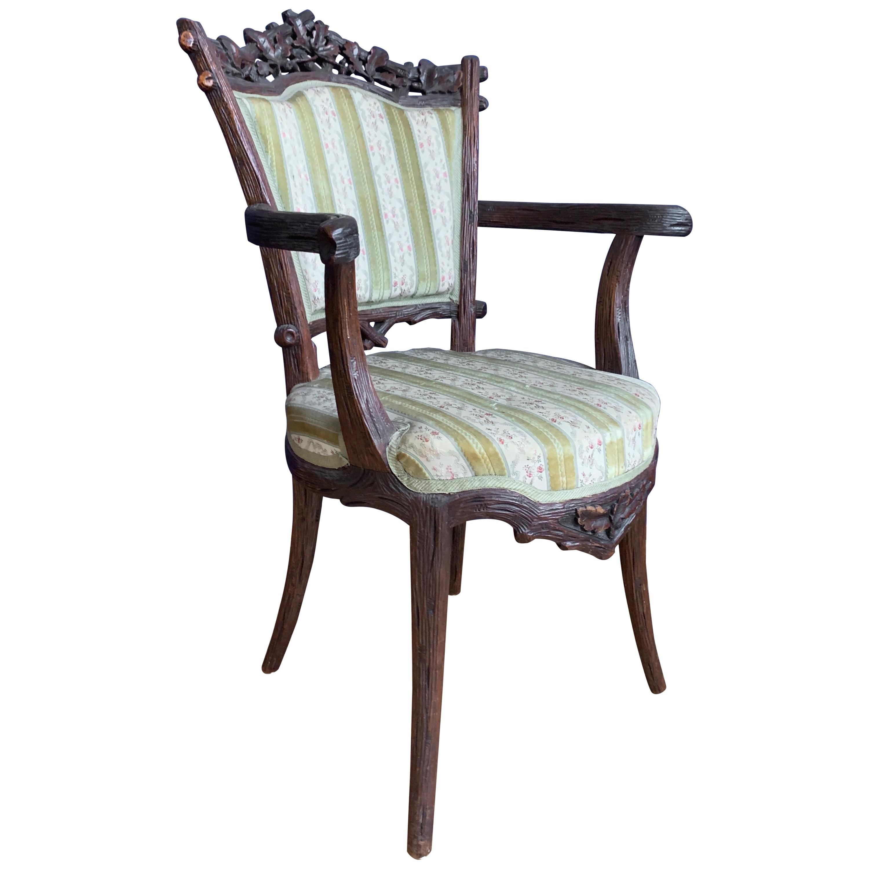 Rare 19th Century Black Forest Walnut Armchair by Horrix with Classy Upholstery For Sale