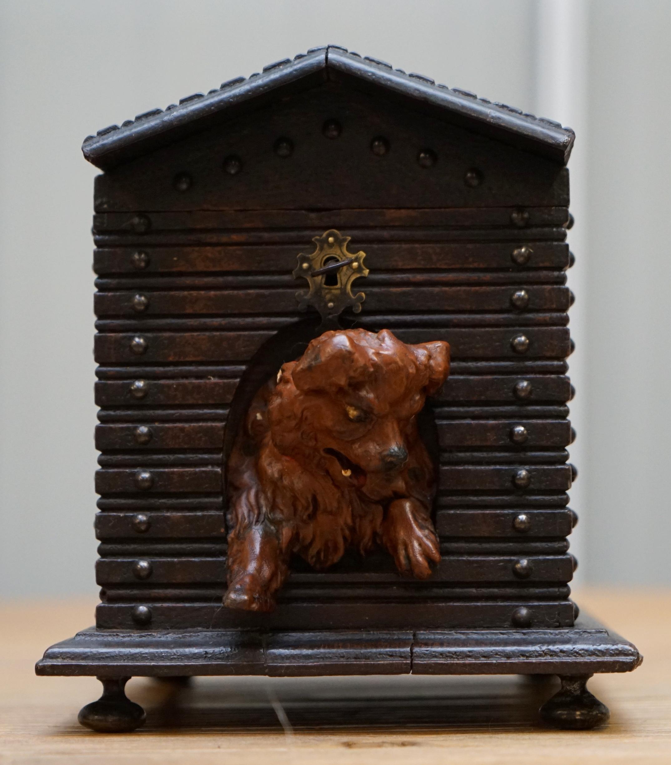 German Rare 19th Century Black Forest Wood Cigar Box Humidor with Angry Dog Kennel