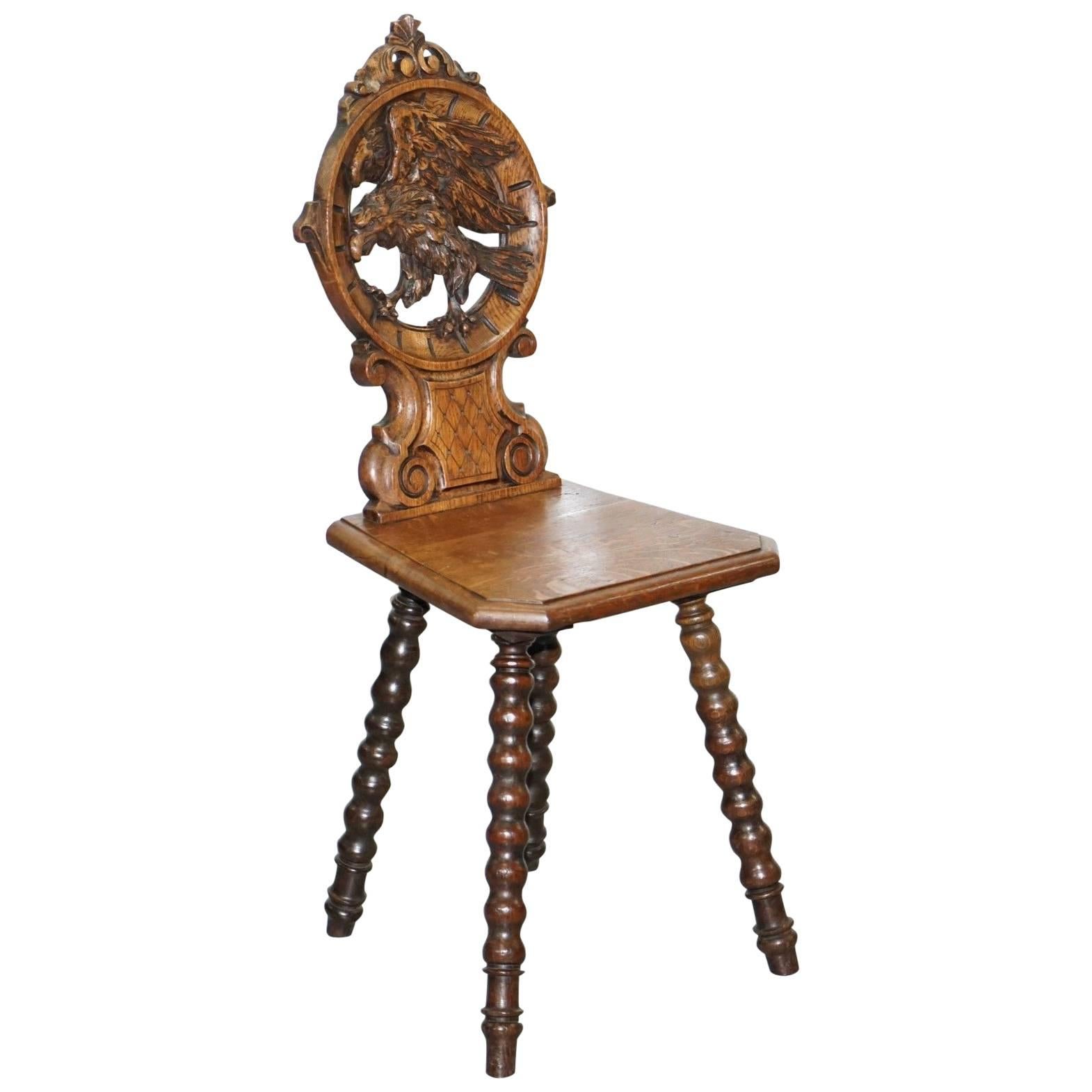 Rare 19th Century Black Forrest Carved Hall Chair Hand-Carved Hawk Bobbin Turned