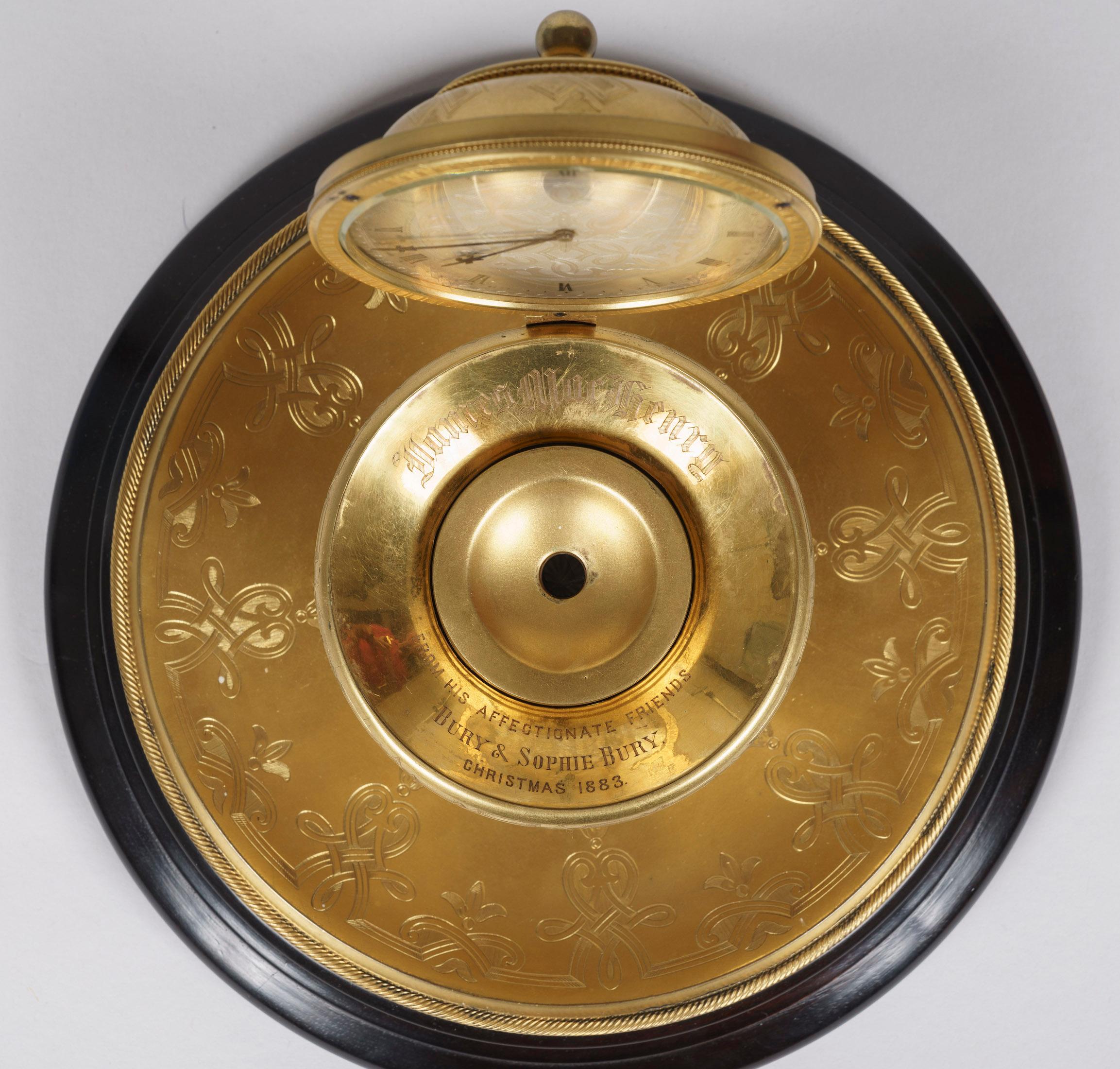 Rare 19th Century Brass Engraved 'Inkwell' Table Clock attributed to Thomas Cole In Good Condition For Sale In London, GB