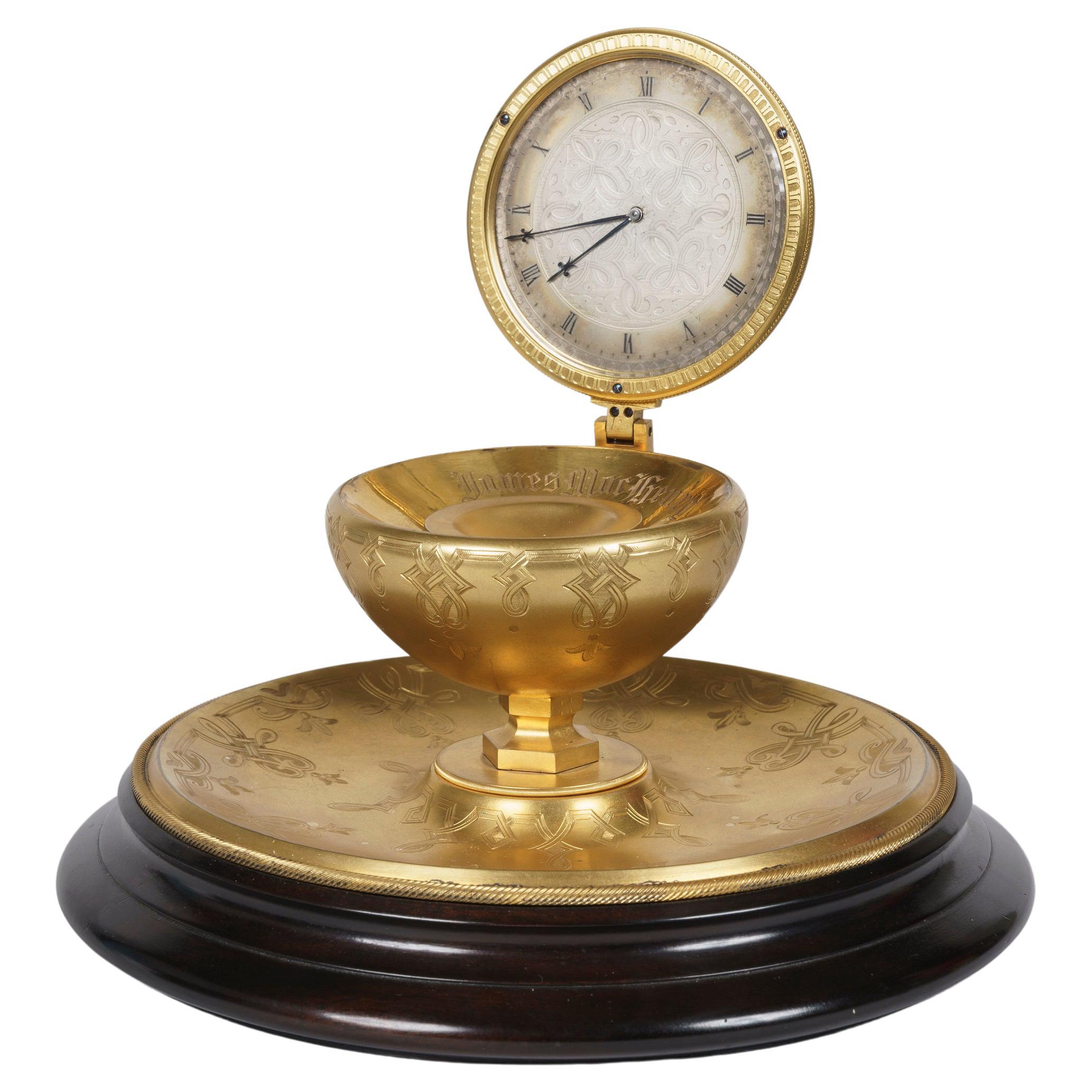 Rare 19th Century Brass Engraved 'Inkwell' Table Clock attributed to Thomas Cole For Sale