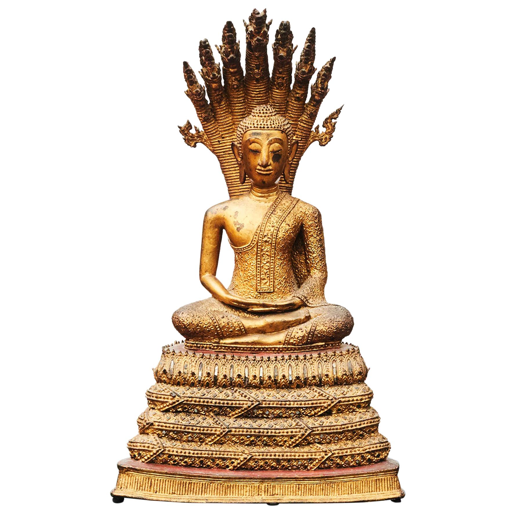 Rare 19th Century Bronze Naga Buddha Statue