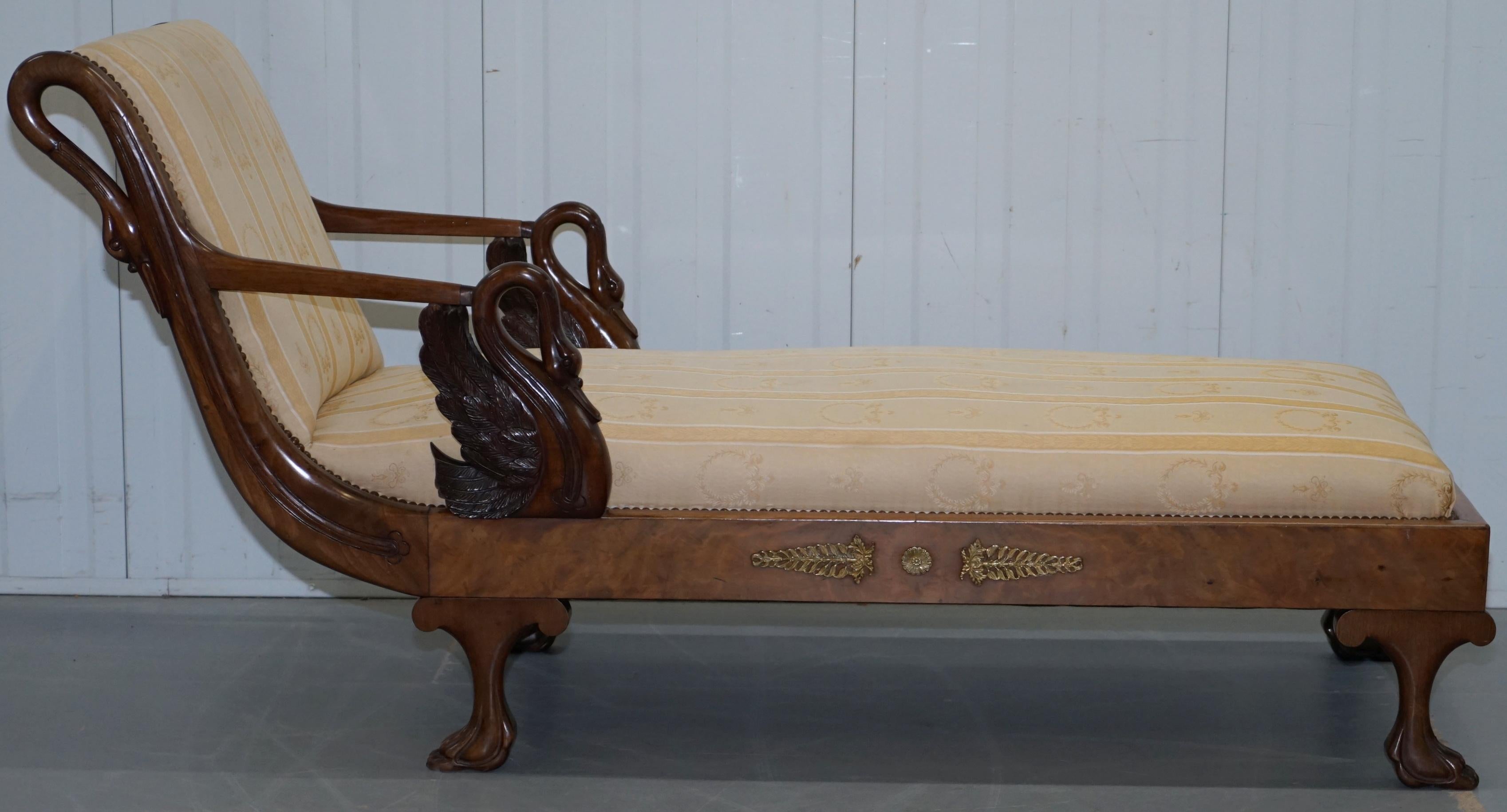 Rare 19th Century Burr Walnut & Bronze Ormolu Carved Empire Swan Chaise Lounge 5