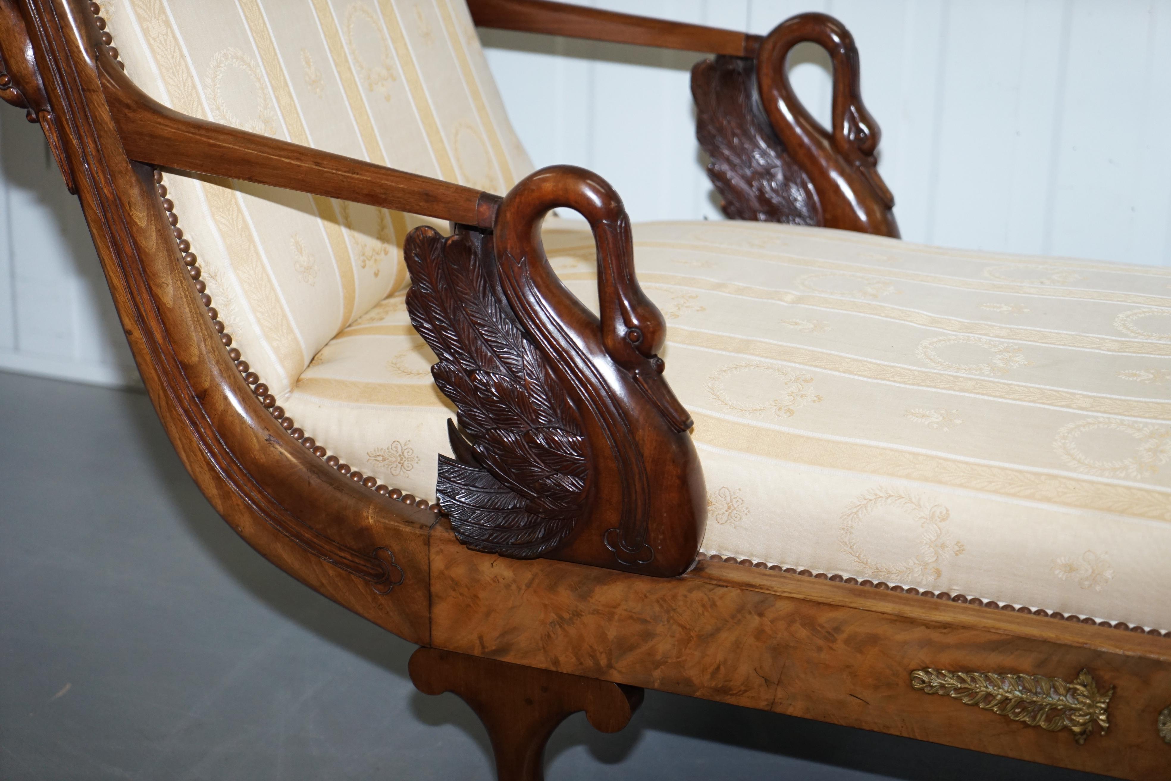Rare 19th Century Burr Walnut & Bronze Ormolu Carved Empire Swan Chaise Lounge 7