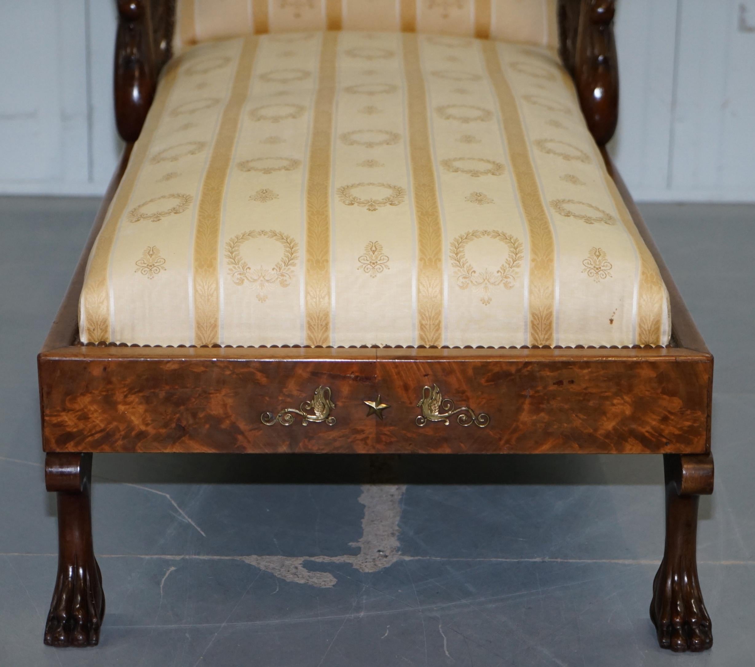 Rare 19th Century Burr Walnut & Bronze Ormolu Carved Empire Swan Chaise Lounge 8