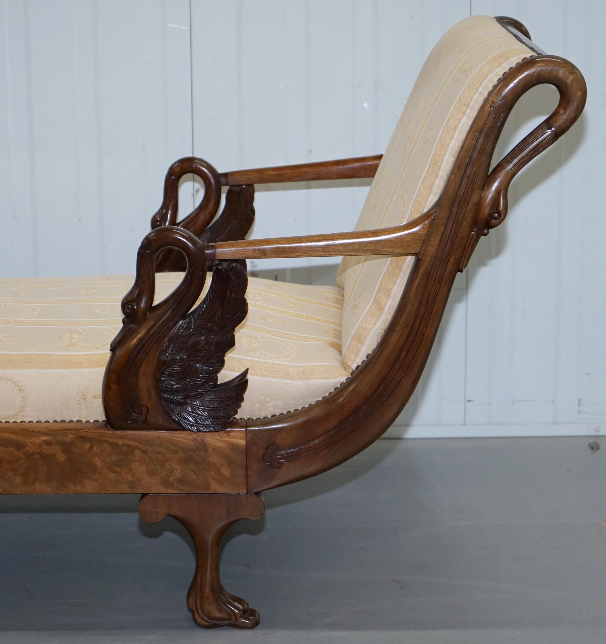 Upholstery Rare 19th Century Burr Walnut & Bronze Ormolu Carved Empire Swan Chaise Lounge