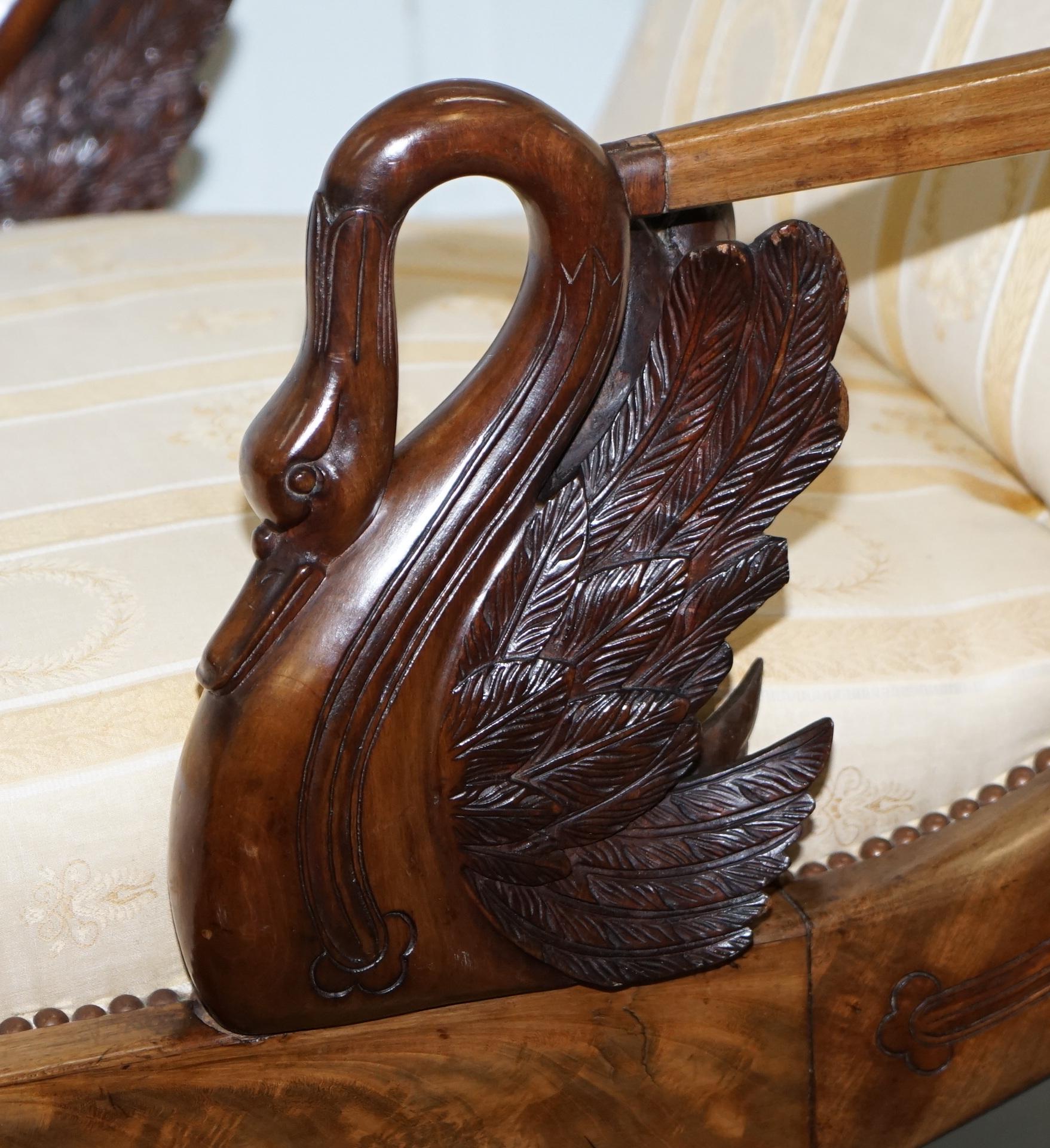 Rare 19th Century Burr Walnut & Bronze Ormolu Carved Empire Swan Chaise Lounge 1