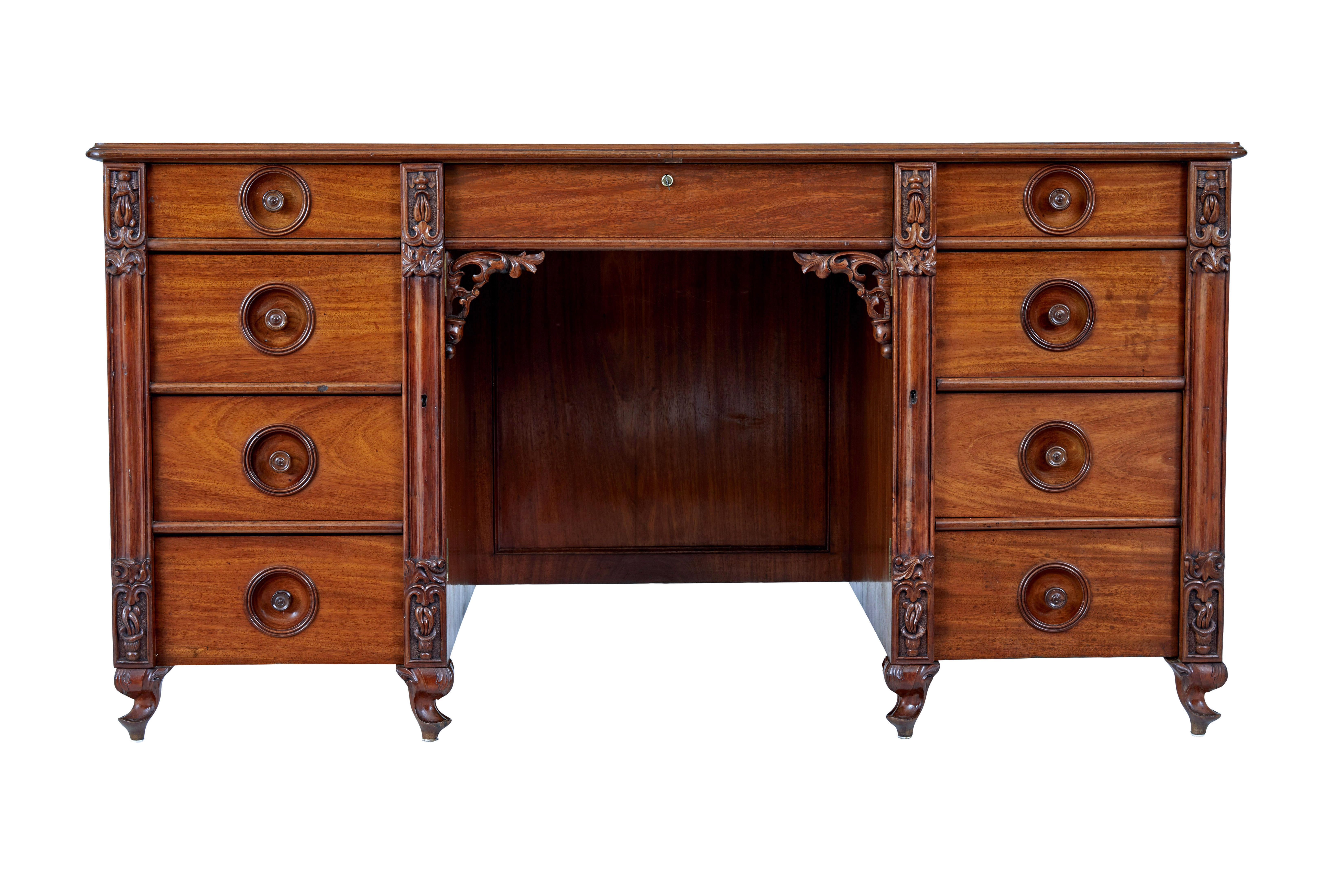 Gothic Revival Rare 19th century carved mahogany Swedish pedestal desk
