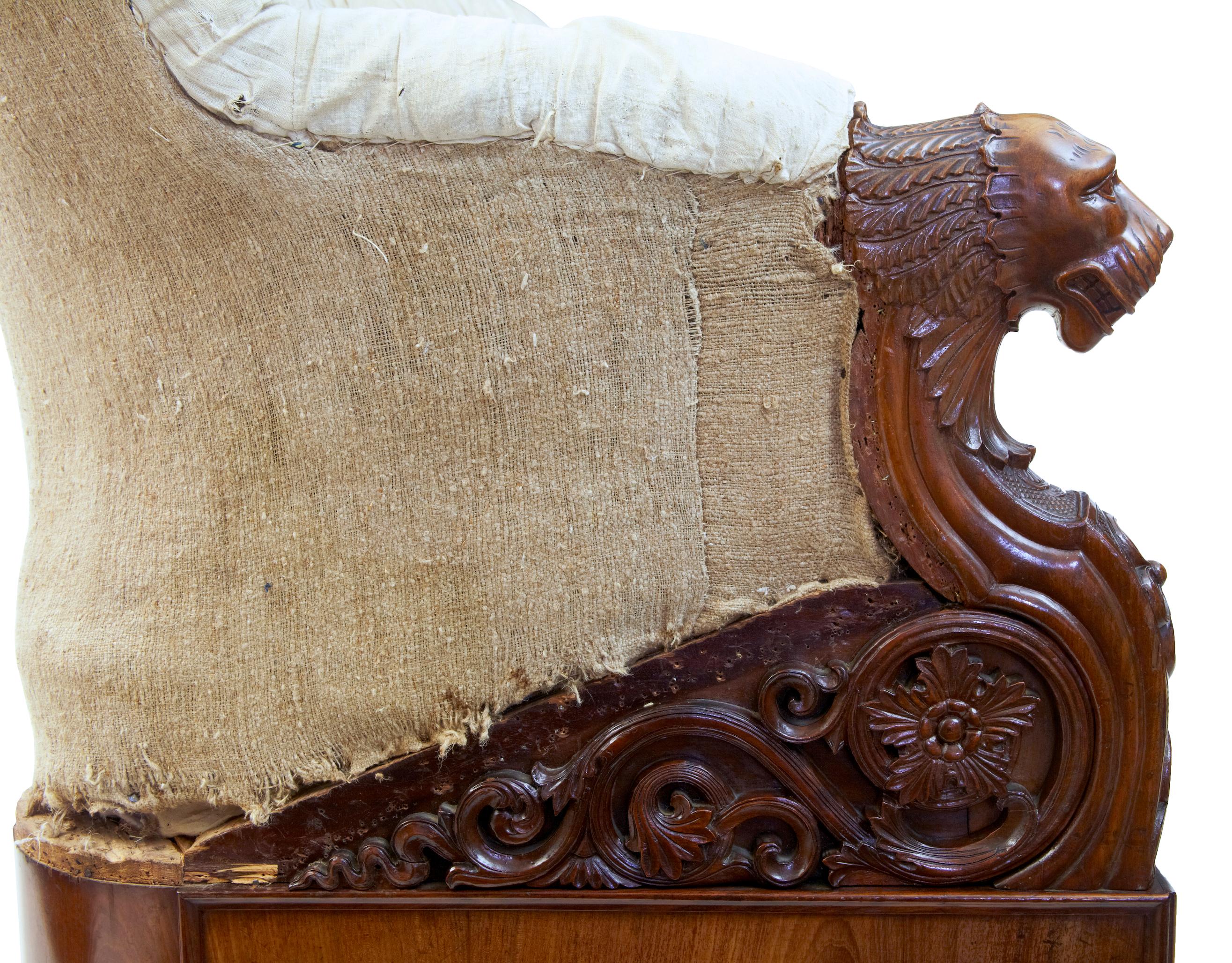Hand-Carved Rare 19th Century Carved Walnut and Mahogany Button Back Sofa