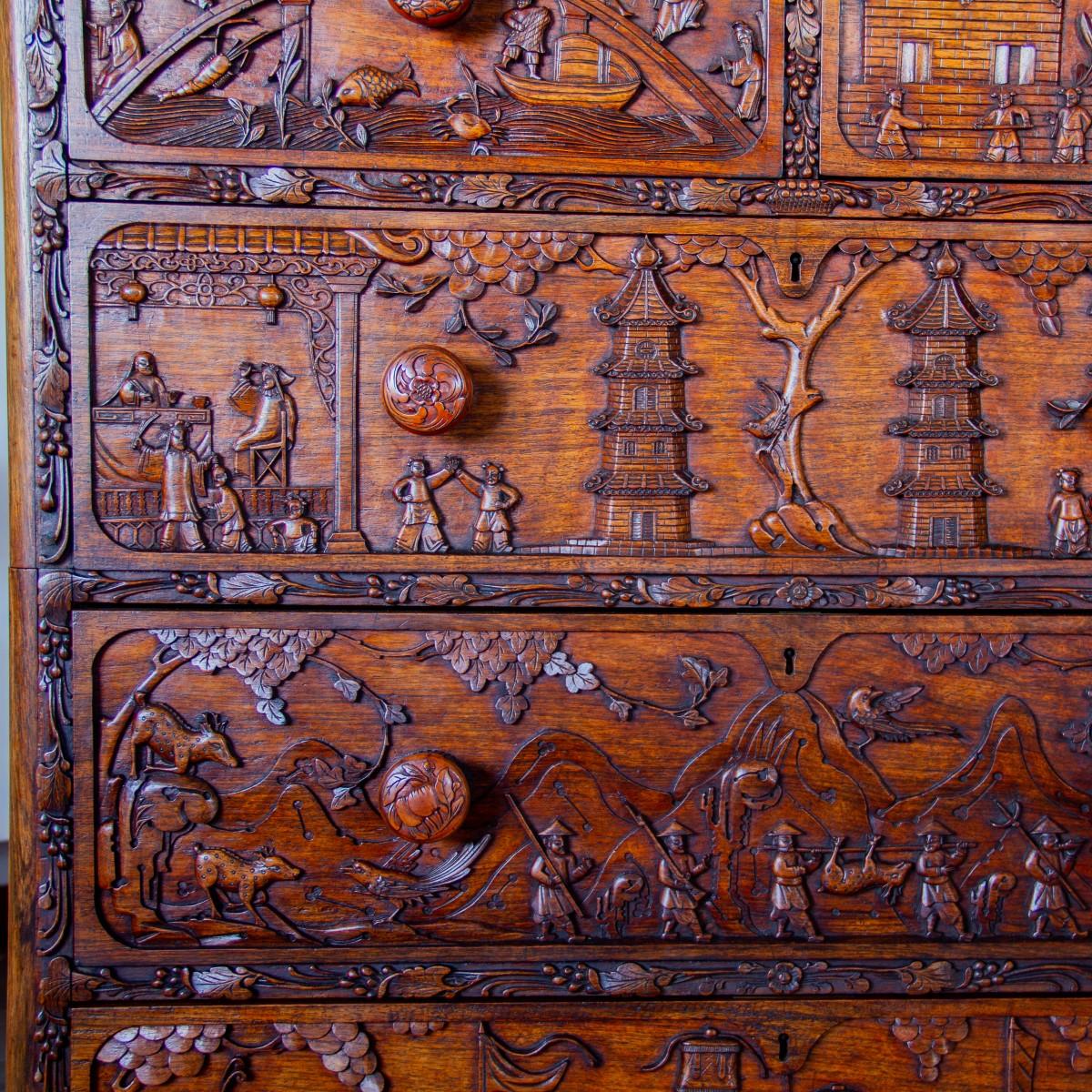 Rare 19th Century Carved Wood Padouk Chinese Campaign Chest 7