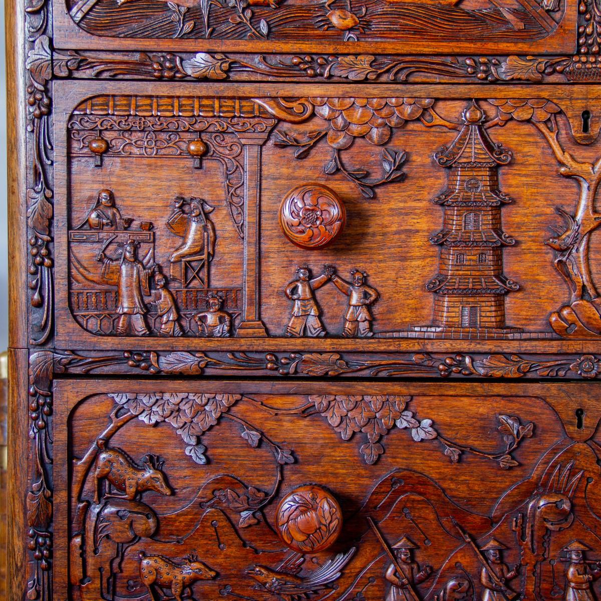 Rare 19th Century Carved Wood Padouk Chinese Campaign Chest 5