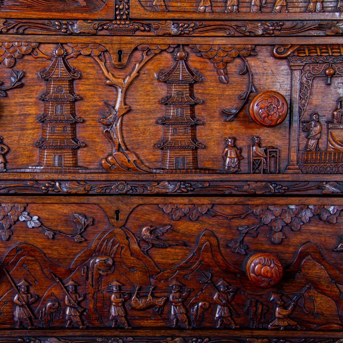 Rare 19th Century Carved Wood Padouk Chinese Campaign Chest 6