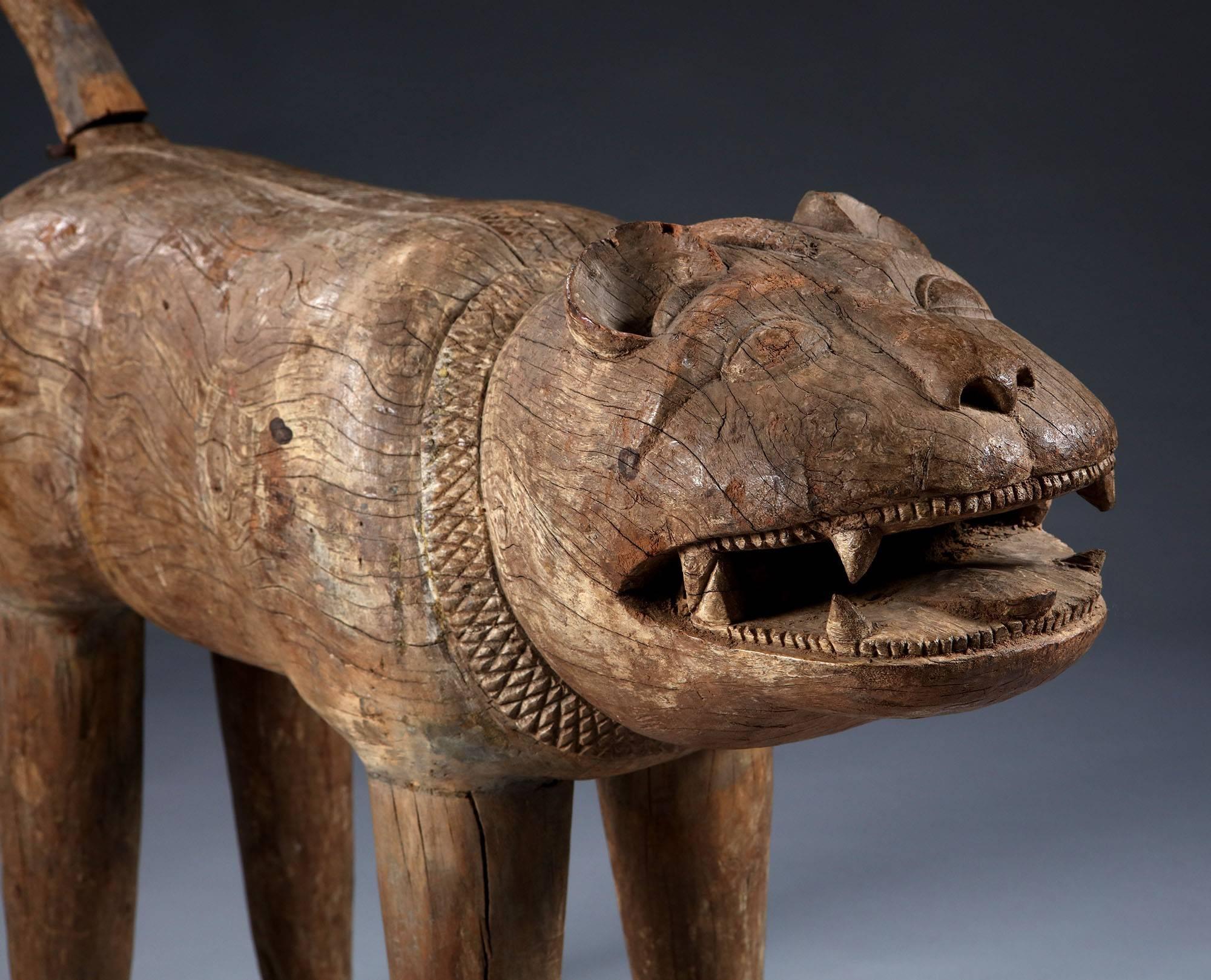 Hand-Carved Rare 19th Century Carved Wooden Indian Tiger