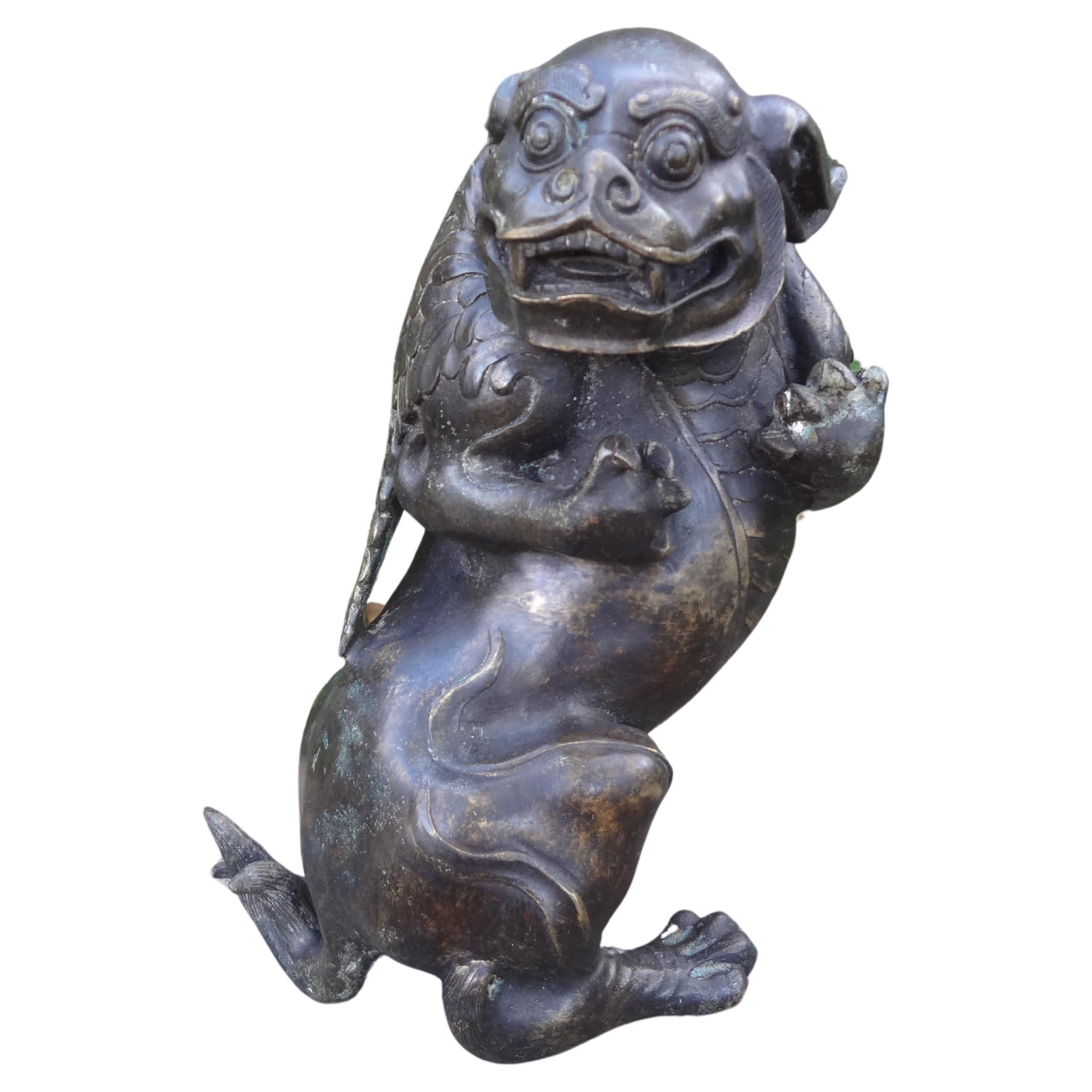 Rare 19th Century Chinese Bronze Foo Dog With Wings For Sale 7