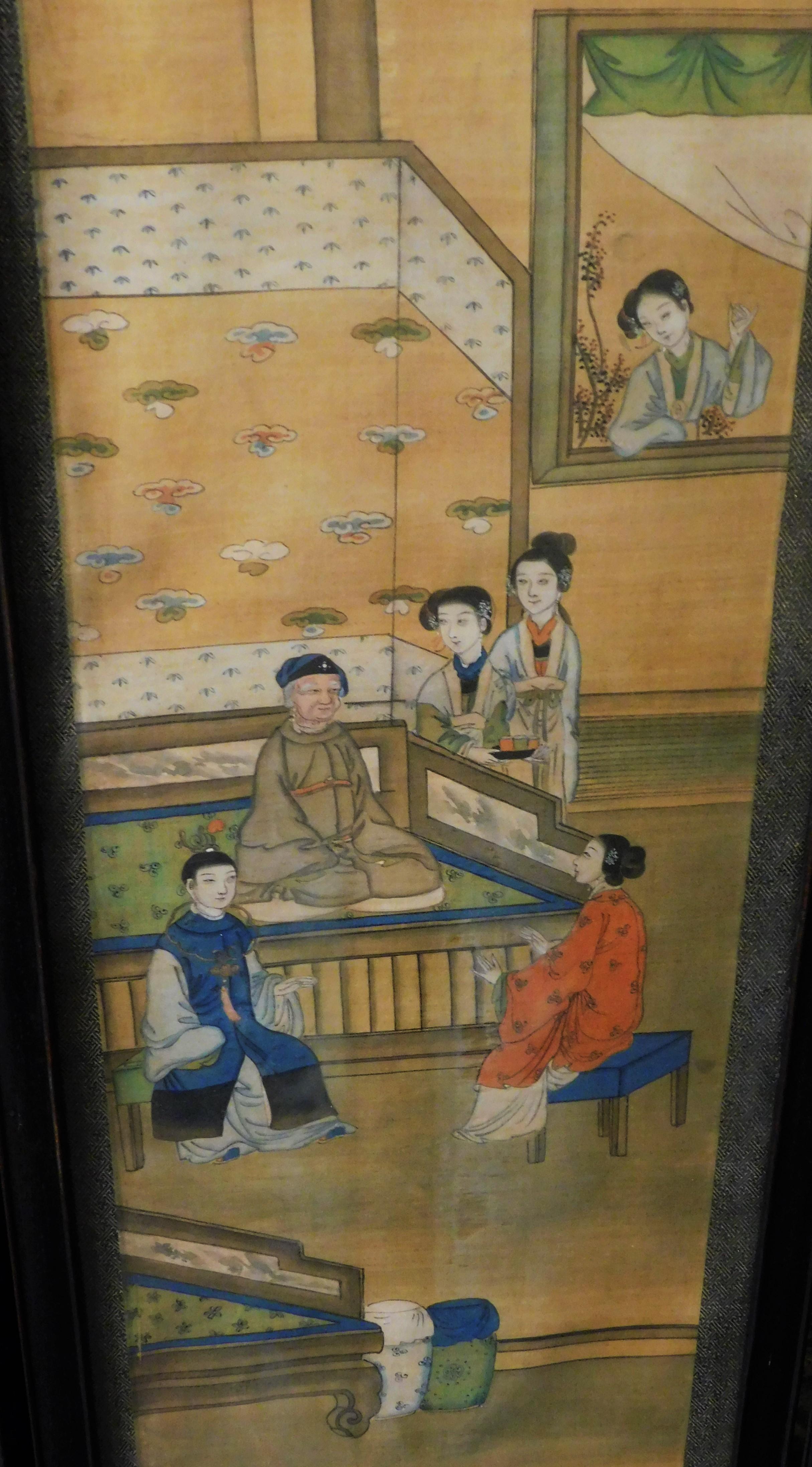 Seltener chinesischer vierteiliger Seidenschirm aus geschnitztem asiatischem Hartholz des 19. Jahrhunderts im Angebot 8