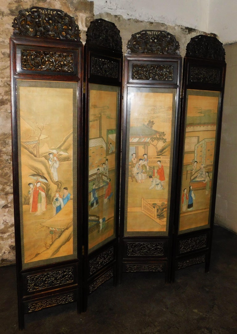 Rare 19th Century Chinese Carved Asian Hardwood FourPanel Silk Screen