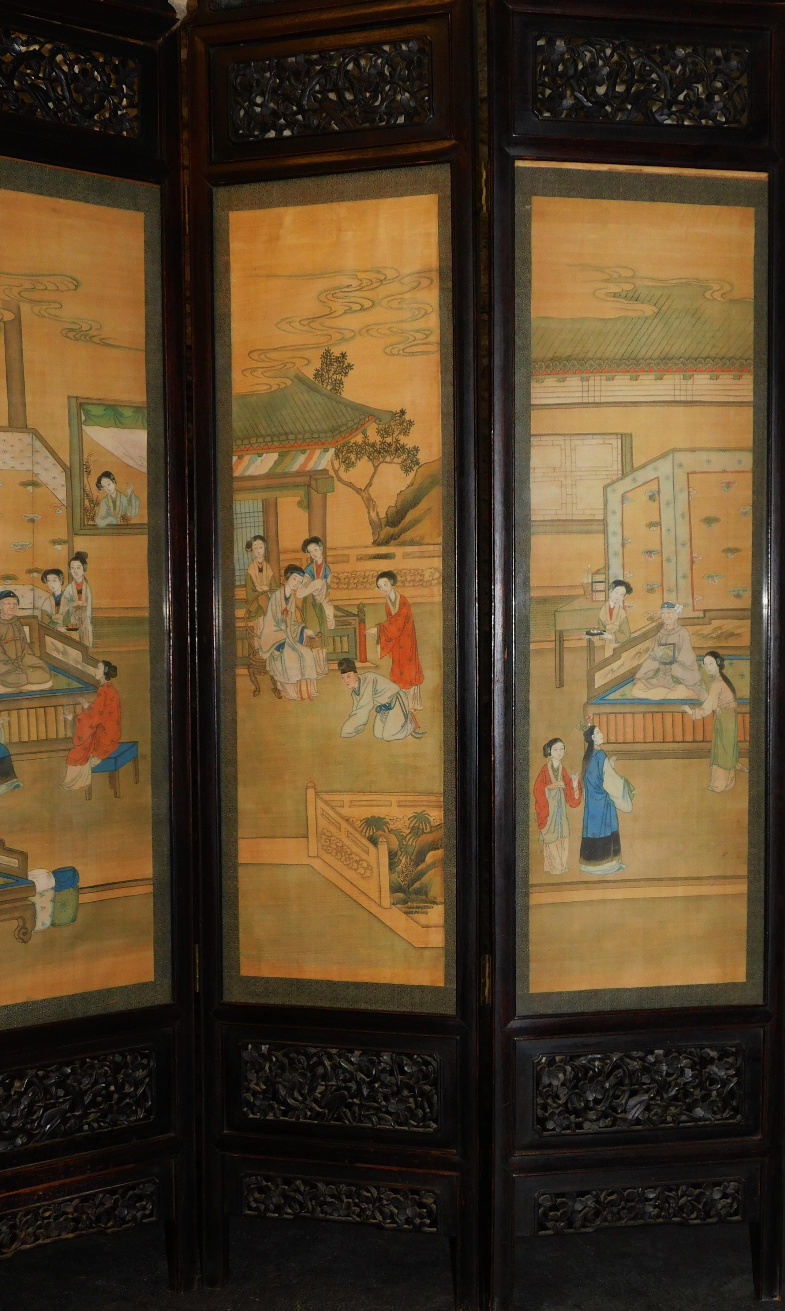 Rare 19th Century Chinese Carved Asian Hardwood Four-Panel Silk Screen For Sale 1