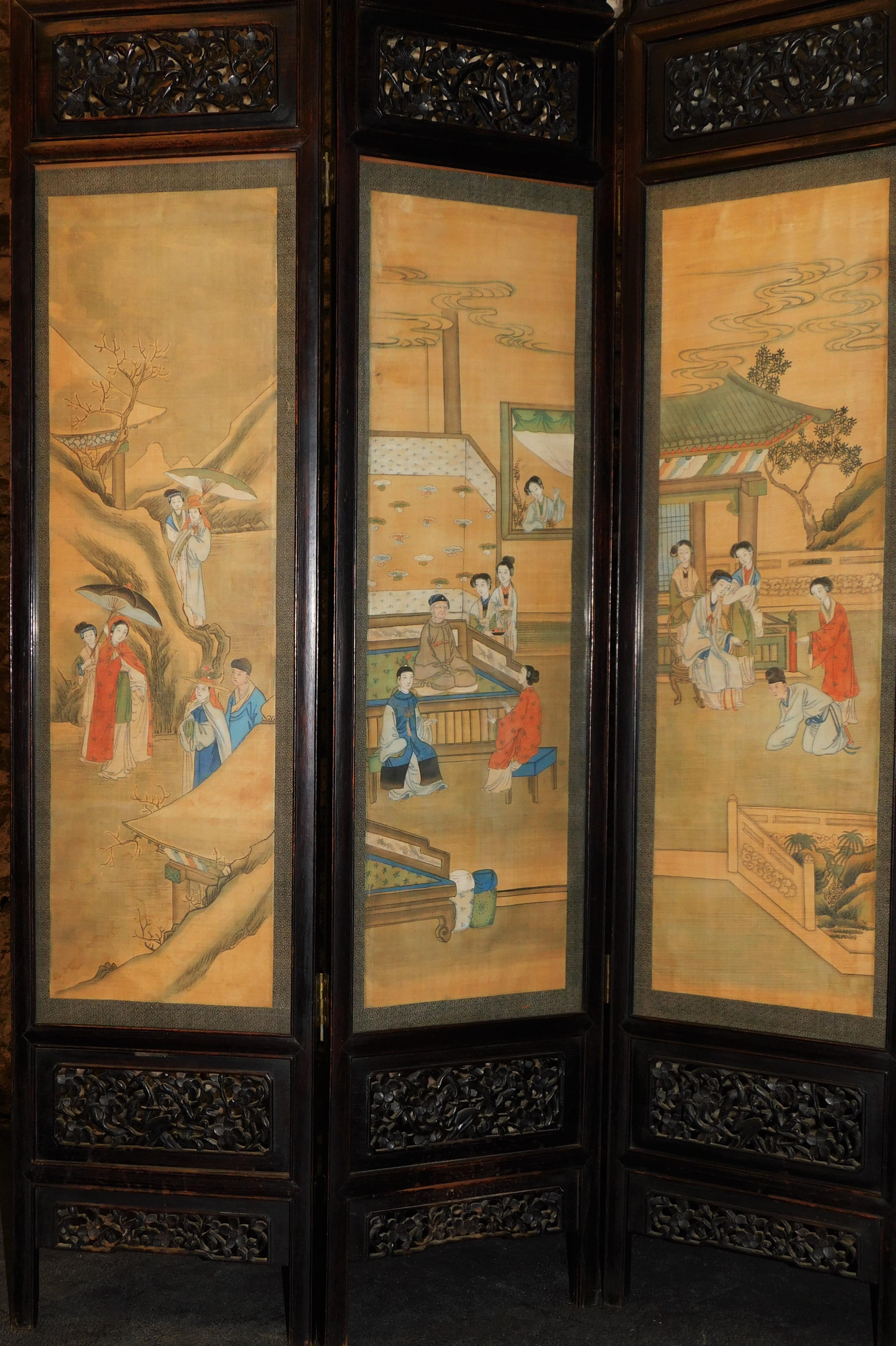 Rare 19th Century Chinese Carved Asian Hardwood Four-Panel Silk Screen For Sale 2