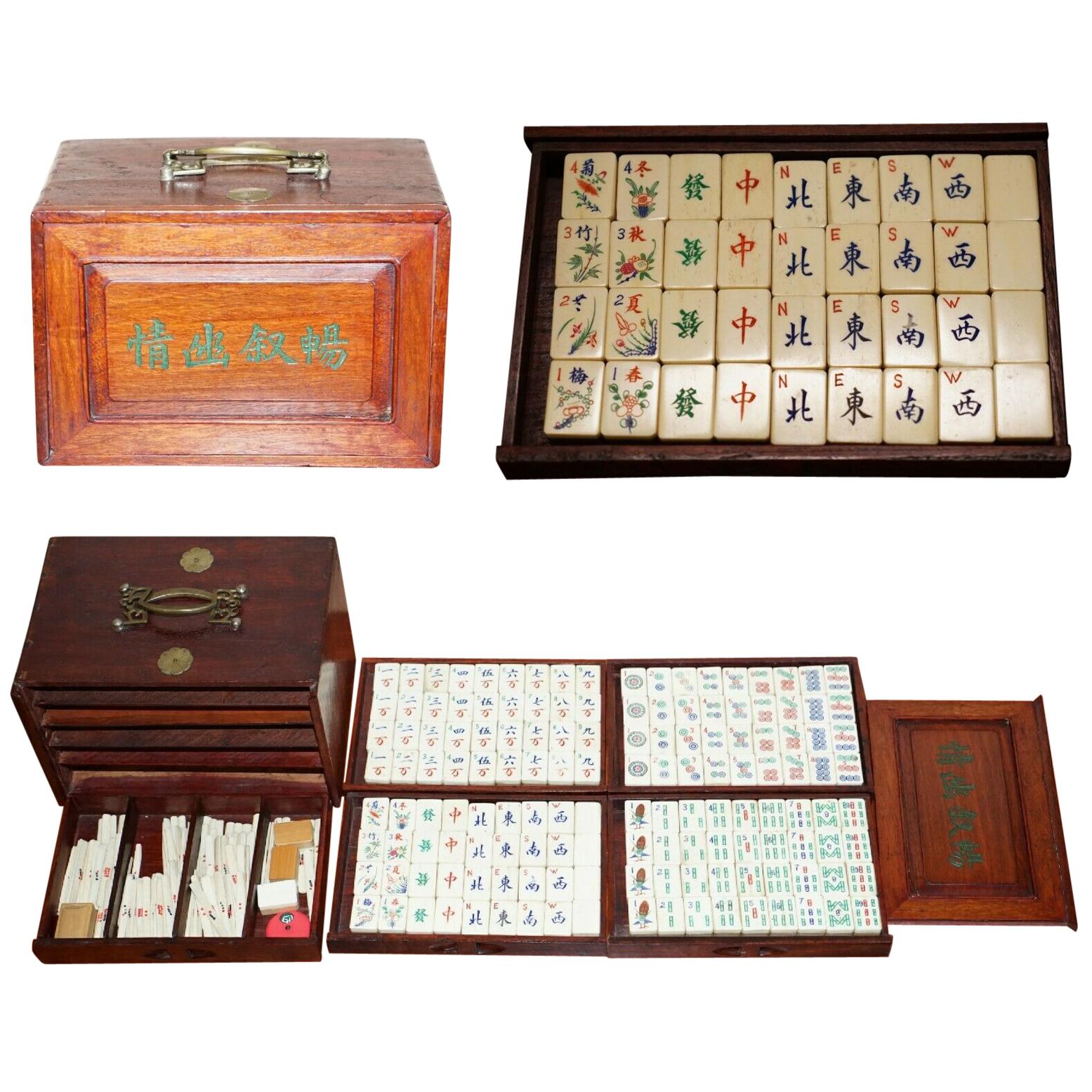 Rare 19th Century Chinese Mahjong Set in Carry Case Made with Bovine & Bambo