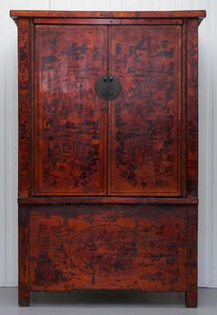 Rare 19th Century Chinese Marriage Wedding Cabinet Lacquered Hand Painted Finish