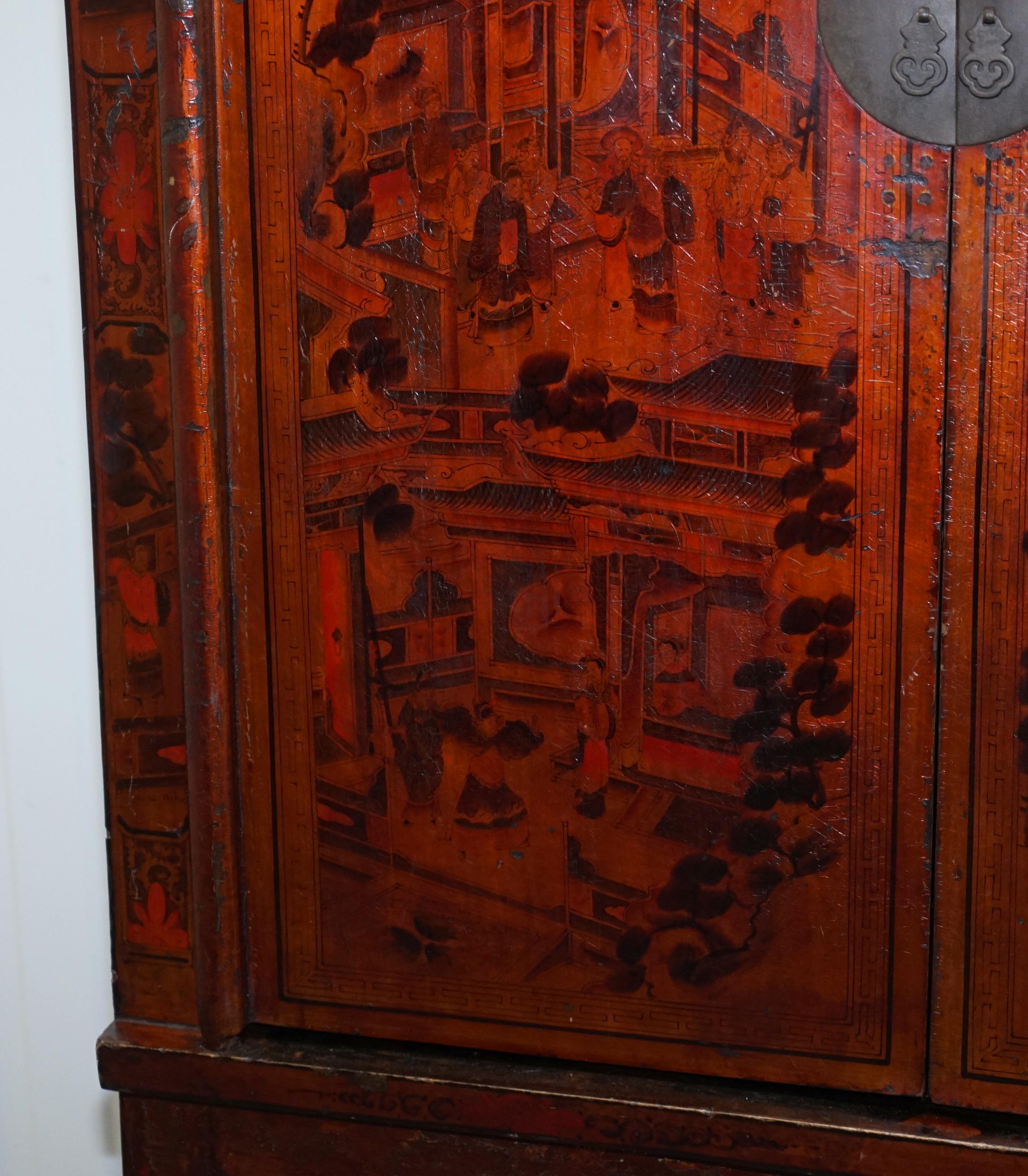 Rare 19th Century Chinese Marriage Wedding Cabinet Lacquered Hand Painted Finish 2