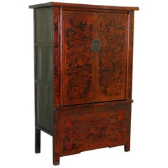 Rare 19th Century Chinese Marriage Wedding Cabinet Lacquered Hand Painted Finish