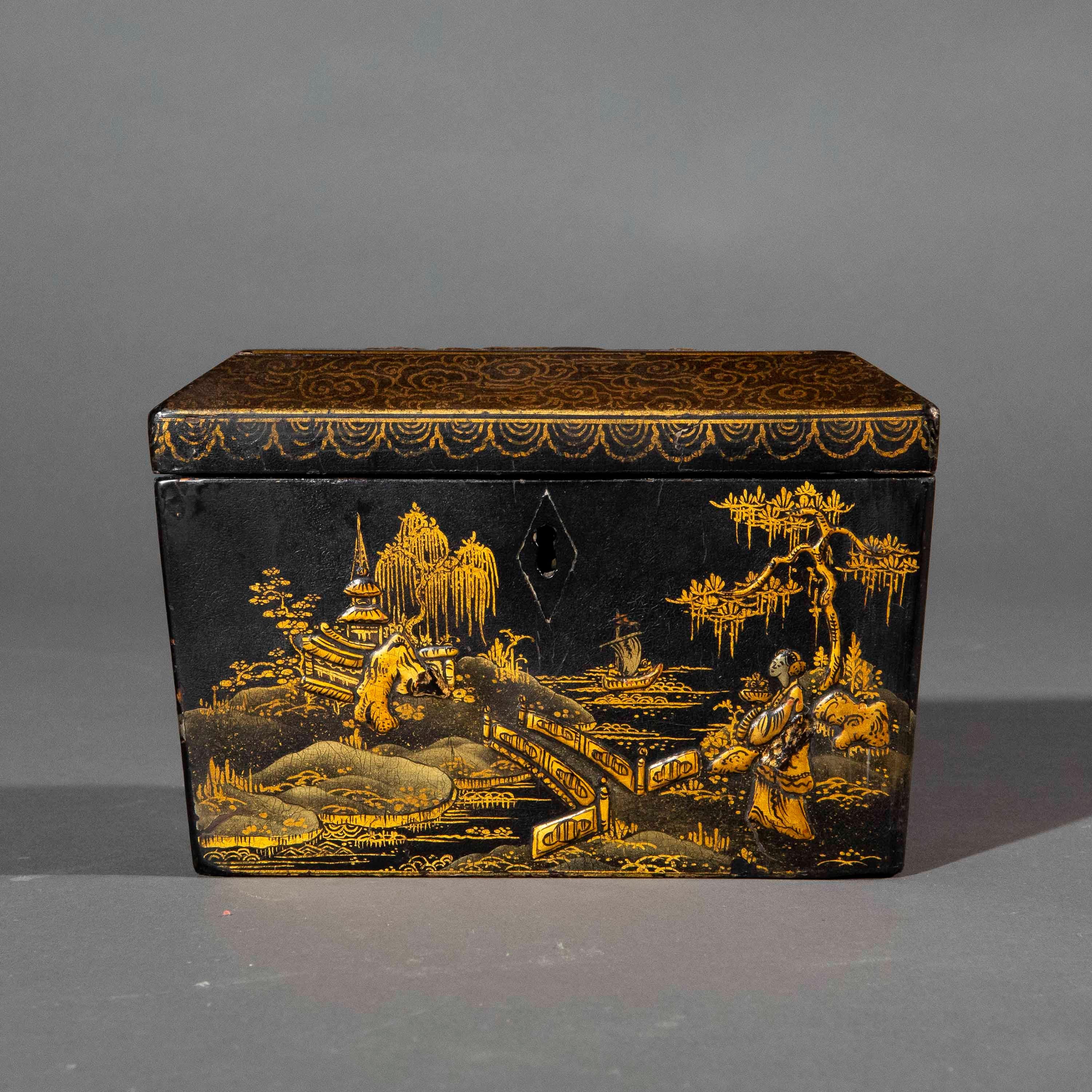 Cineserie Raro porta tè in lacca nera Chinoiserie del XIX secolo, circa 1820 in vendita