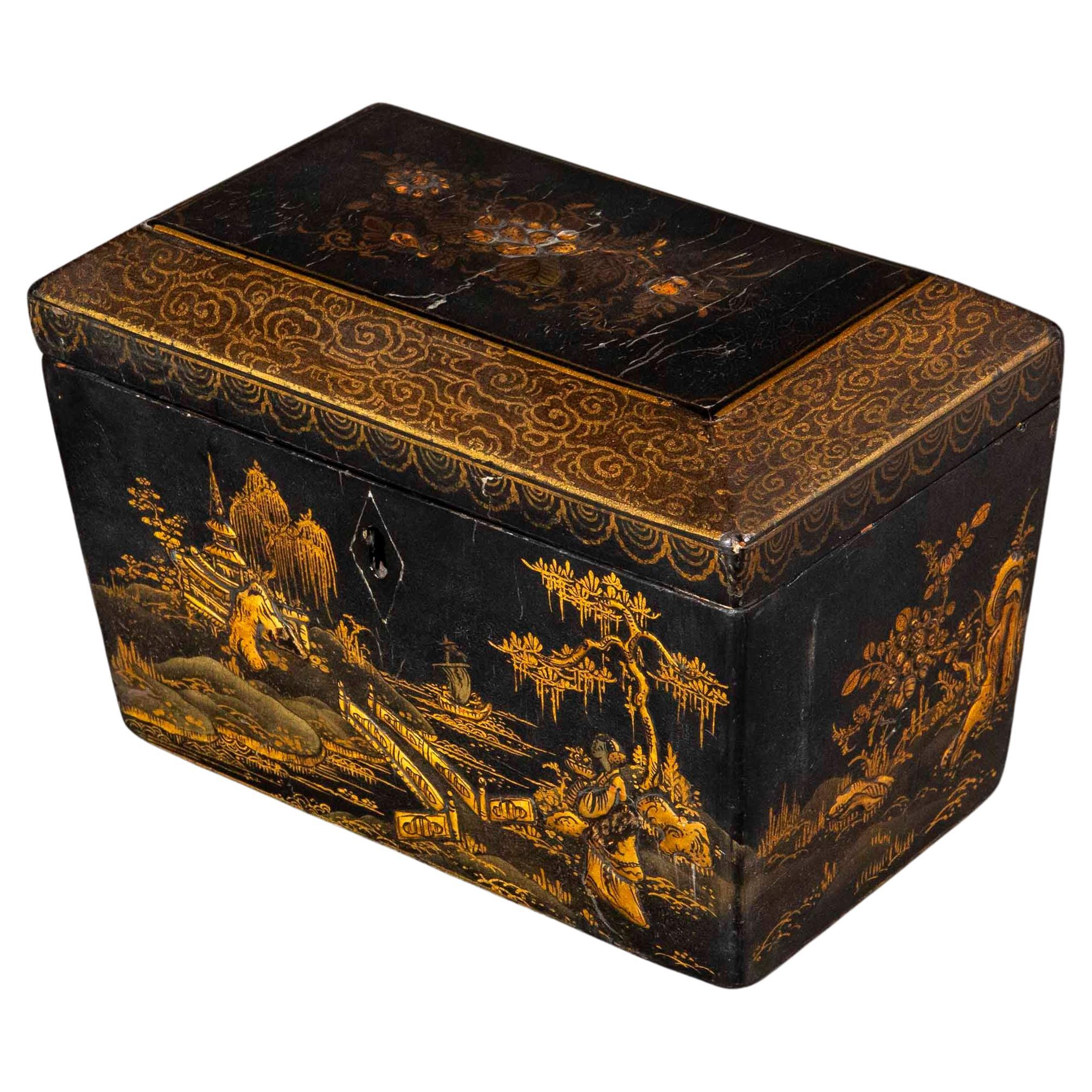 Raro porta tè in lacca nera Chinoiserie del XIX secolo, circa 1820