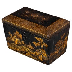 Raro porta tè in lacca nera Chinoiserie del XIX secolo, circa 1820