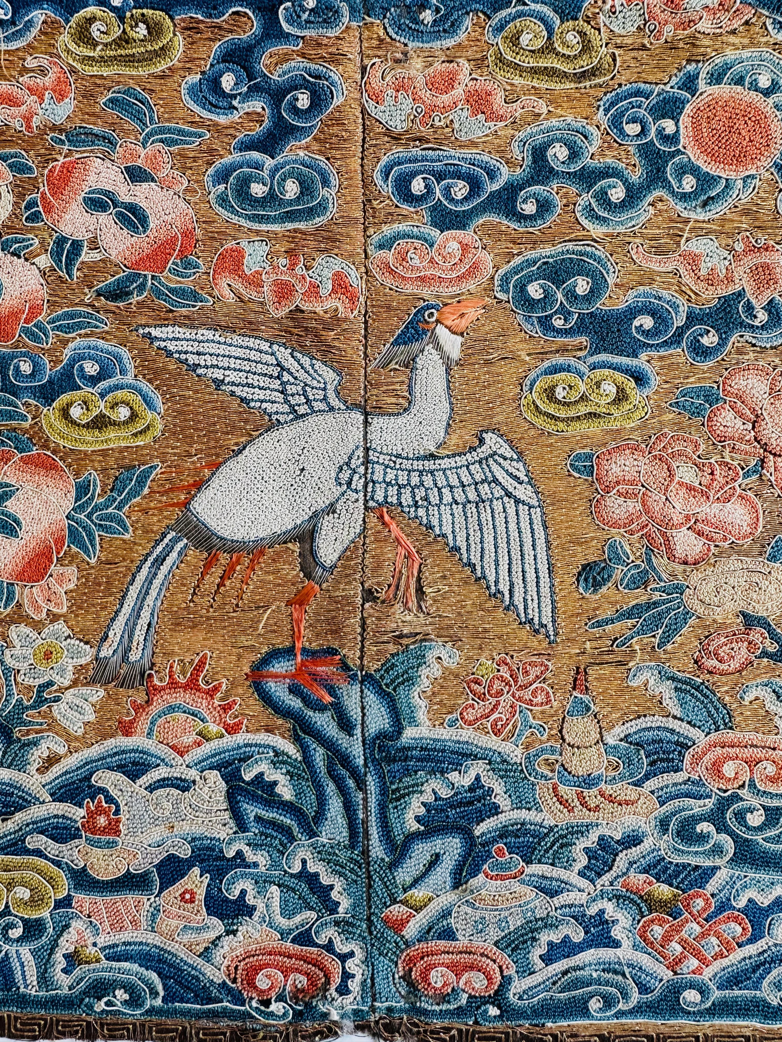 Rare Qing Dynasty silk embroidery rank badge decorated with a paradise flycatcher, denoting an official of the Ninth Rank. It is relatively unusual to come across a badge of the lowest rank, since officials of higher ranks could afford numerous