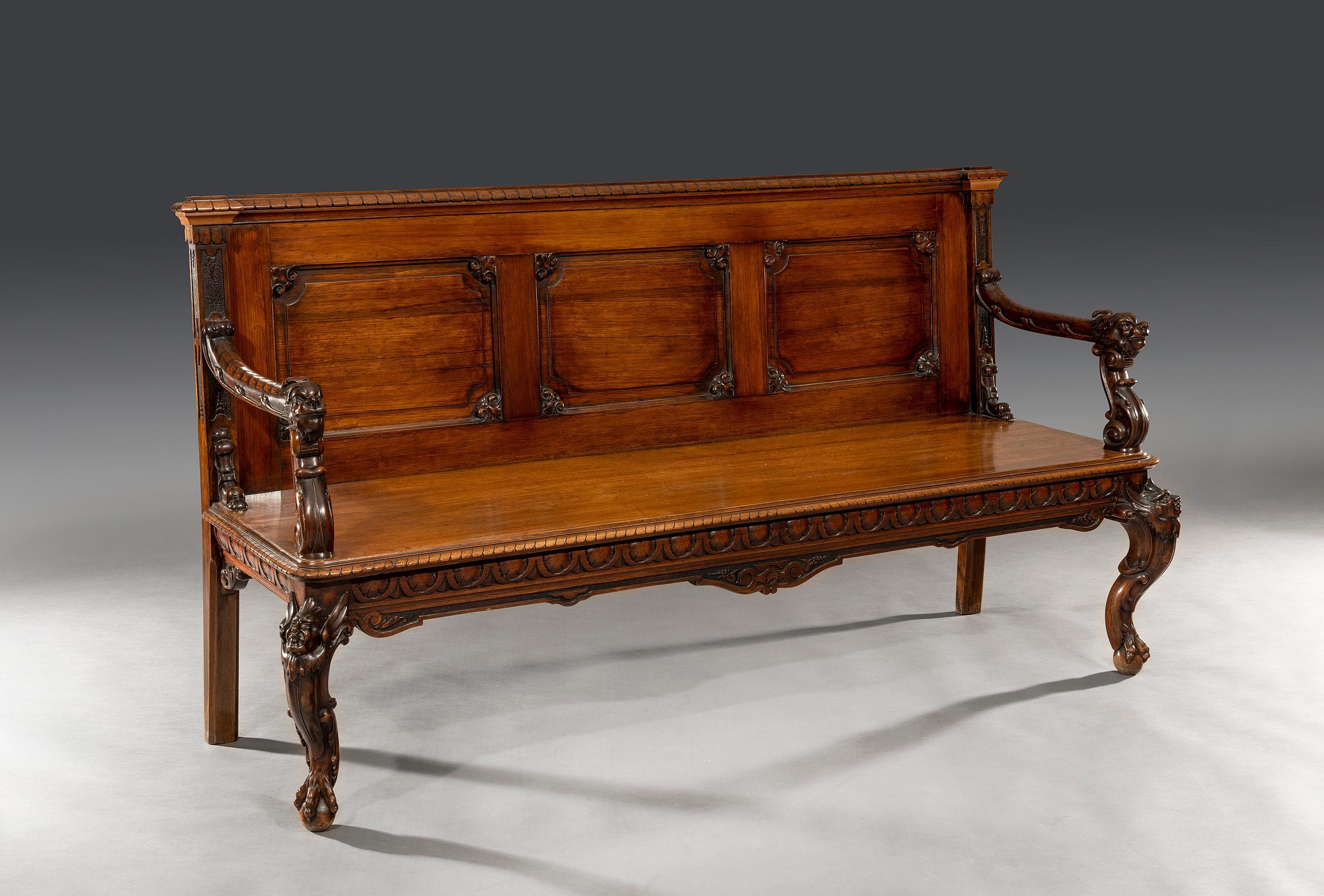 Mid-19th Century Rare 19th Century Colonial Export Triple-Back Padouk Hall Bench For Sale