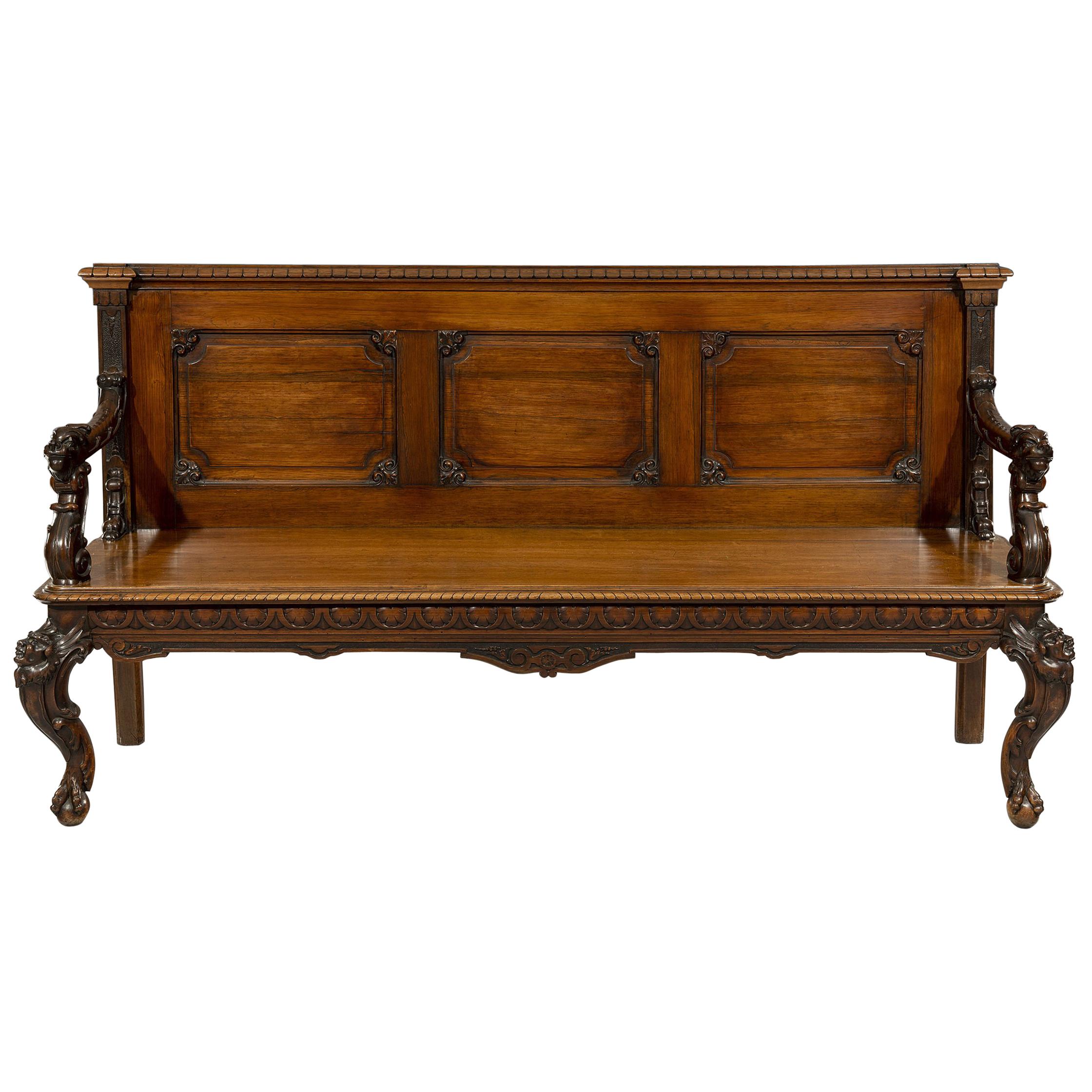 Rare 19th Century Colonial Export Triple-Back Padouk Hall Bench For Sale