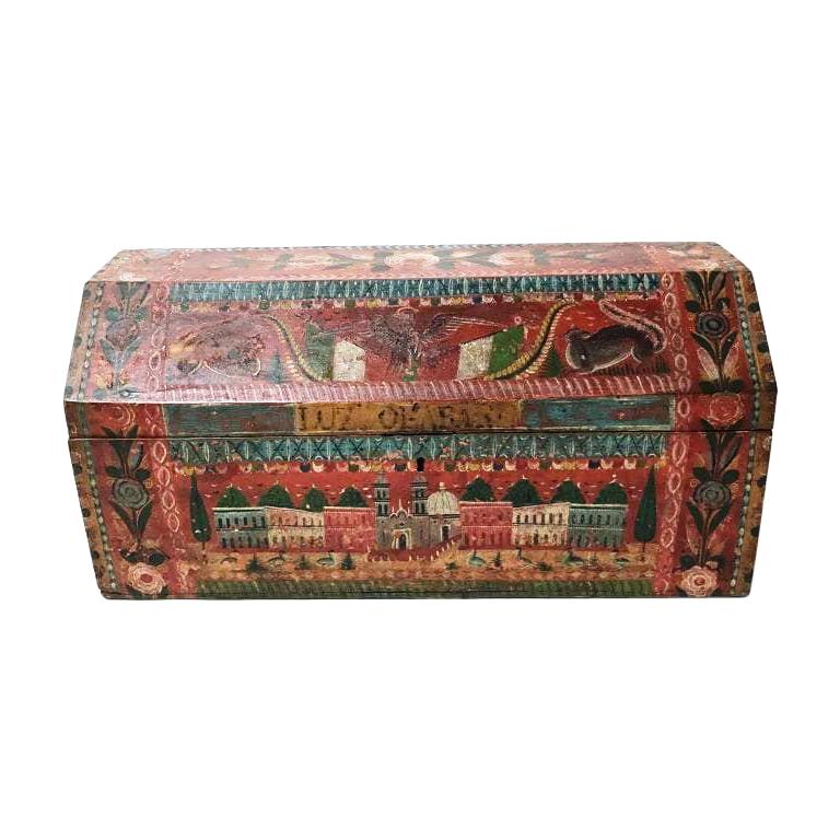 Rare 19th Century Decorated Hand Lacquered Mexican Dowry Chest For Sale