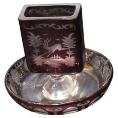 Antique Rare 19TH Century Deep Etched Bohemian Cranberry Red Crystal Candle Ring Holder