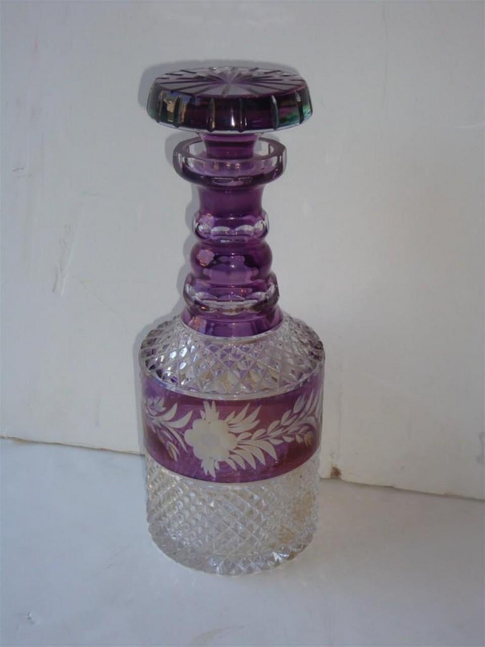 The Following Item we are offering is a Rare Estate Faceted Clear and Purple Hand Cut Etched Glass Decanter with Matching Bottle Top. Circa 19th Century. Taken from a Grand New York City Sutton Place Apartment!!! 

Measurements: 11 1/4