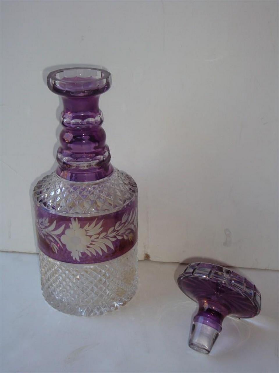French Cut Rare 19th Century Diamond Hand Cut Crystal Amethyst Purple Wine Cognac Decanter For Sale